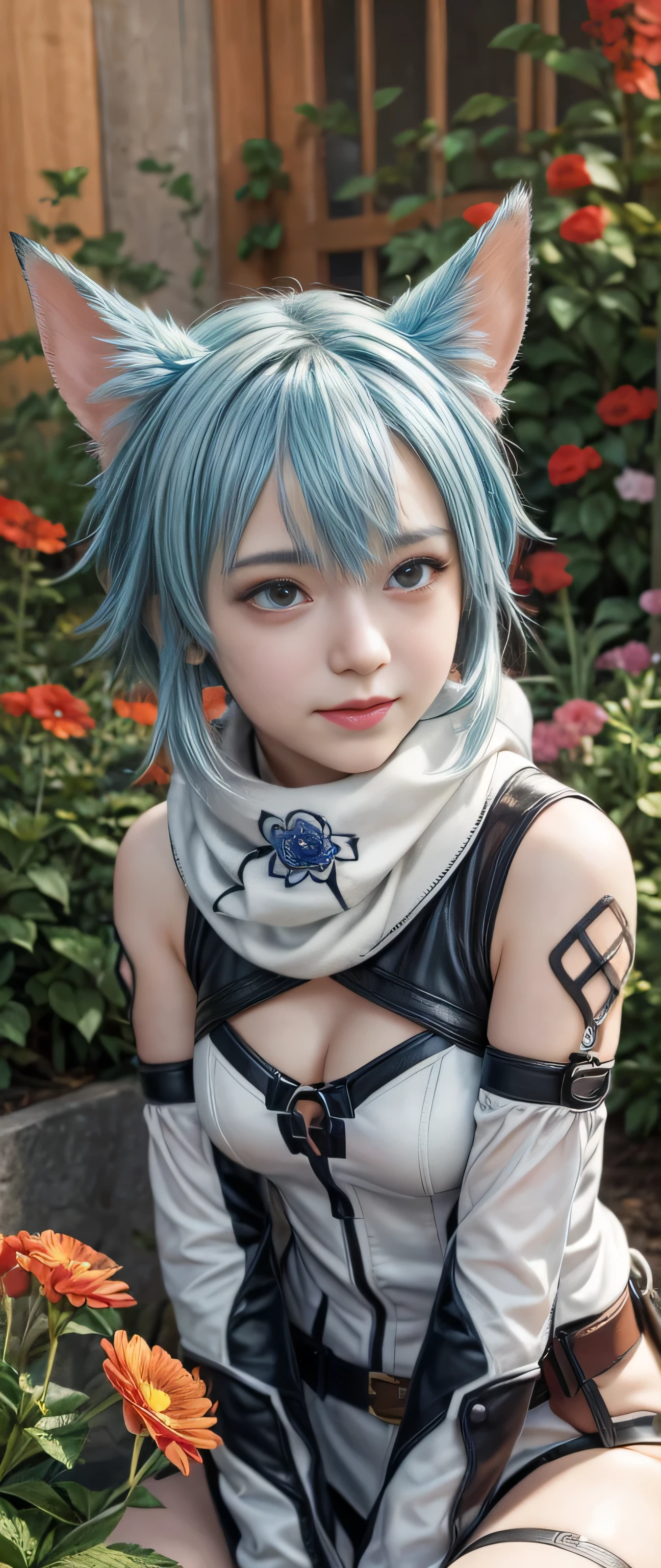 masterpiece, best quality, (realistic,photo-realistic:1.4), (RAW photo:1.2), extremely detailed CG unity 8k wallpaper, delicate and beautiful, amazing,finely detail, official art, absurdres, incredibly absurdres, huge filesize, ultra-detailed,extremely detailed eyes and face,light on face,sinon,(little smile),(short hair:1.4),(honkai impact outfit:1.5),(flower yard background:1.4),(sidelocks:1.4),(blue hair:1.4),cat ears,scarf