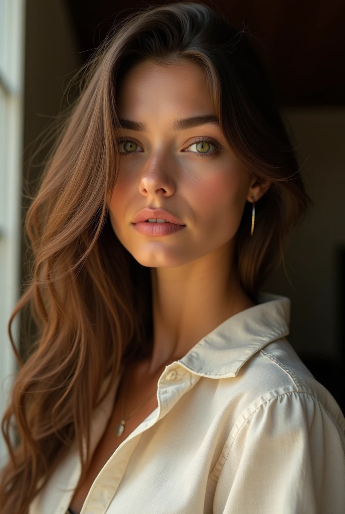 Arafed woman in white T-shirt and necklace, Meals in the restaurant, sexy girl with green eyes, portrait sophie mudd, brown hair and large eyes, selfie of a young woman, bedroom eyes, violet myers, no makeup, natural makeup, looking straight at camera, face with artgram, fine makeup, Stunning full-length shot, Piercing green eyes, beautiful angle, attractive pose, Sweet girl, sexy pose, full length image, full - body, shooting full body, Brunette goddess, high detail, Satisfied posture, in a gray skirt and boots, upskirt, knee boots