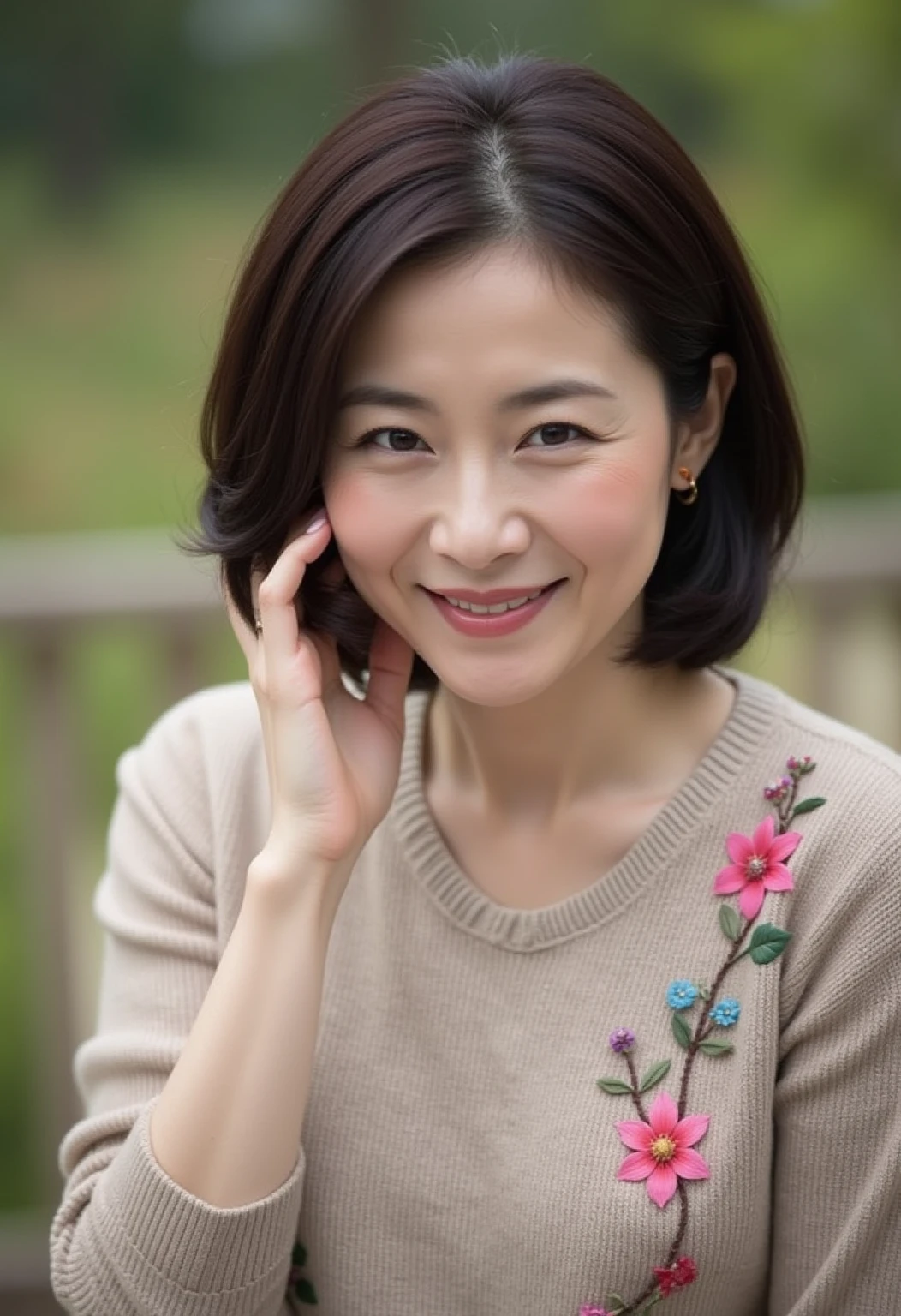 Standing in the park, Wrinkles around the eyes, Smiling with teeth showing, Plain short-sleeved clothing, senior citizen, Draw lips correctly, Red lipstick, No discomfort, 16K, Highest quality, Very detailed, Realistic, Very detailed肌, (Japanese), (alone), 60 years old, Large Breasts, , Glamour, sexy, Chromo White Skin, Staring straight ahead,
