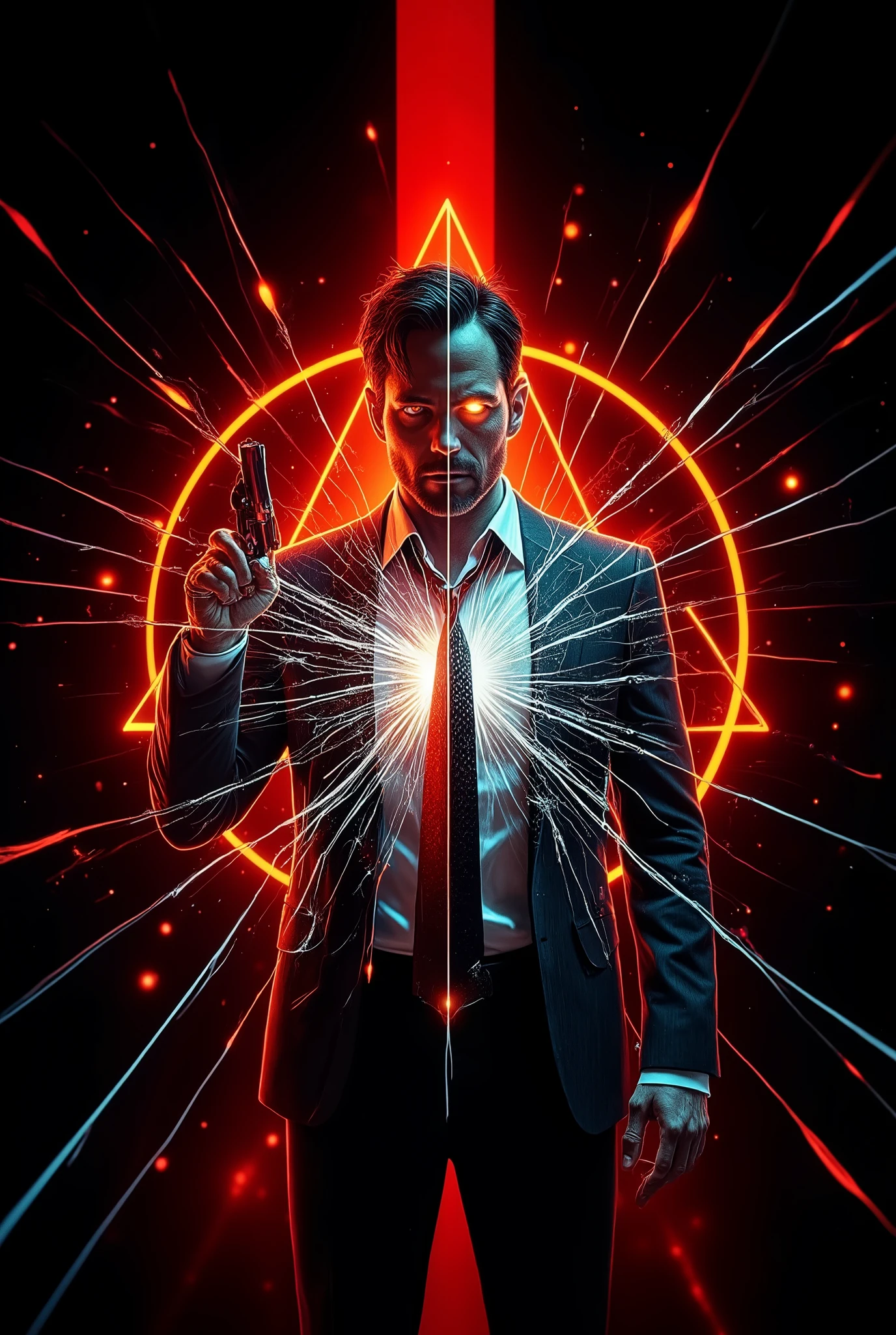 ultra-detailed, psychological thriller-inspired illustration, a man in a disheveled suit standing behind shattered glass/(the cracks radiate outward from a central point, creating a spiderweb effect with glowing yellow highlights/), the man has short dark hair and an unsettling, dual expression/(one side calm and composed, the other sinister and unnerving with a glowing yellow eye/), he holds a revolver in one hand, his other hand gesturing casually as if inviting the viewer, a long red tie flowing unnaturally behind him/(the tie adds a sense of motion and tension to the scene/), the background is minimalistic but striking/(a vivid red triangular shape that contrasts sharply against the black void/), the atmosphere is tense and eerie, evoking feelings of chaos and duality, cinematic lighting highlighting his face and weapon, high-contrast shadows, high-quality rendering, 8k resolution, intricate details in the shattered glass and facial expressions, psychological and symbolic tone, masterpiece-level composition, dynamic and immersive perspective.