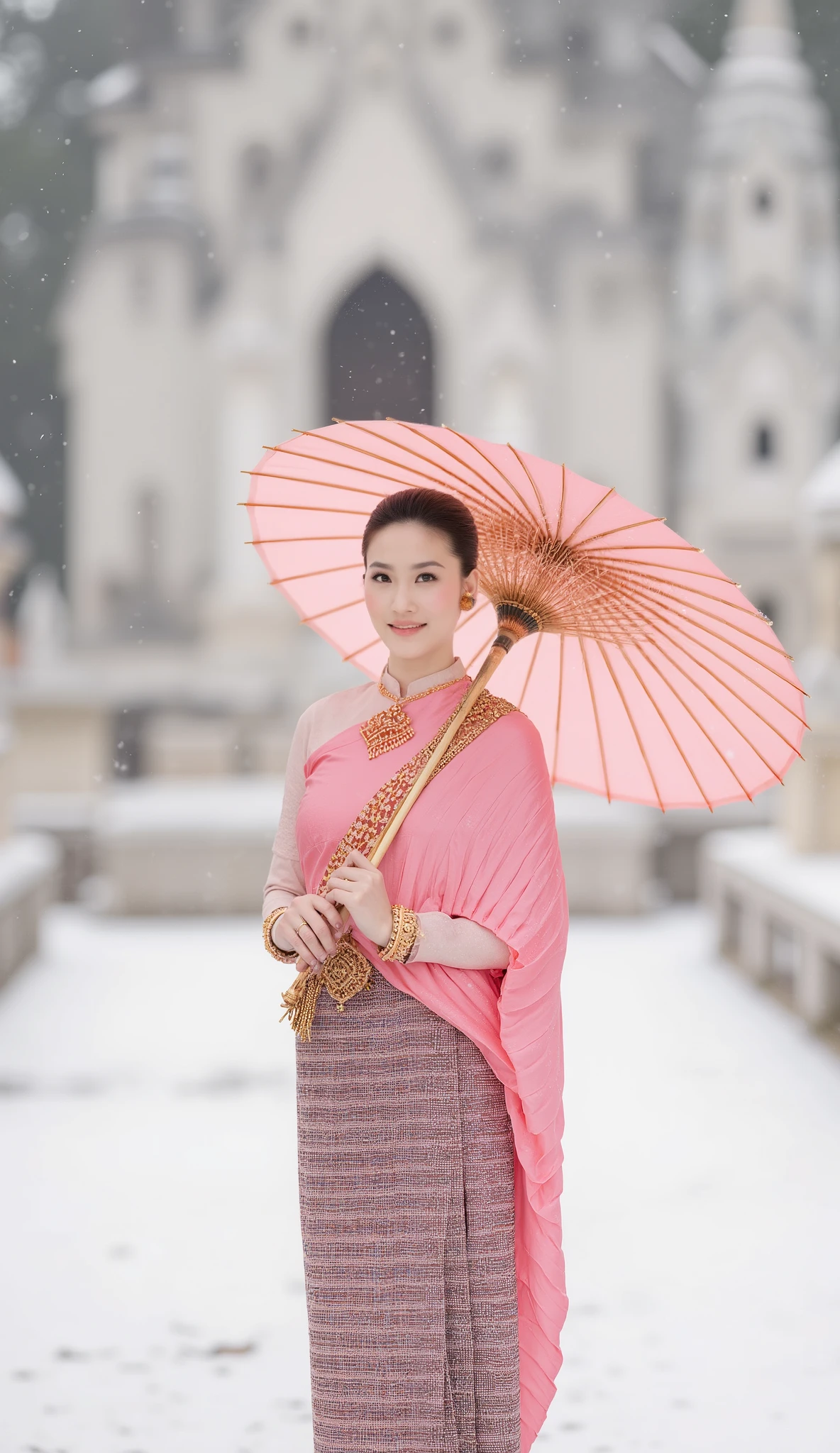 A tall, elegant Thai woman wearing intricate Northern Thai traditional clothing, gracefully walking through a Northern Thai temple. She carries a parasol, surrounded by a snowy winter scene. Snow is falling gently, with a cold mist enveloping the background. Her face shows a soft blush from the chill, and the scene captures the harmony of cultural beauty and winter charm. Photorealistic, cinematic composition, high-fashion editorial look, ultra-sharp details with soft atmospheric depth.