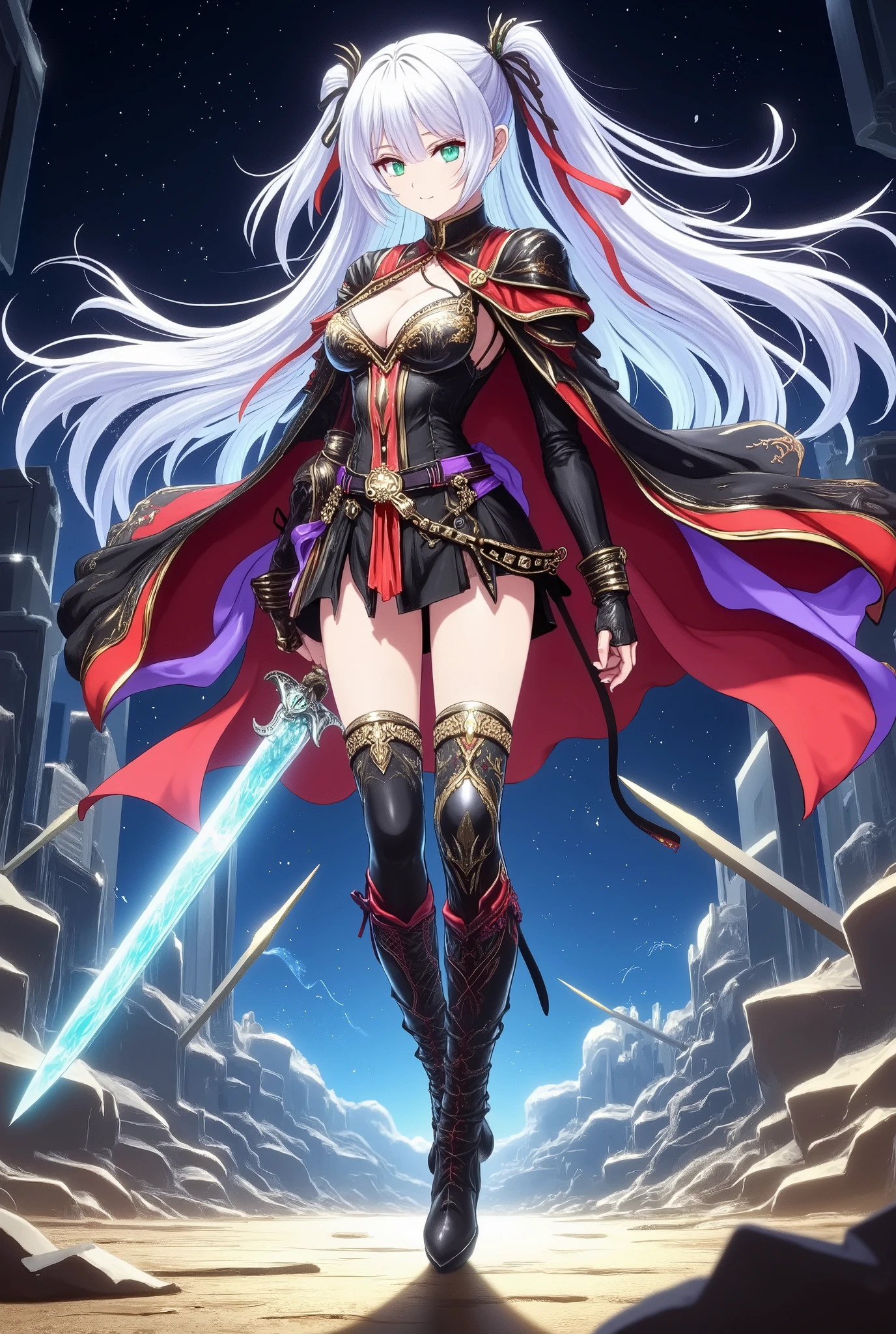 ultra-detailed anime-style illustration, dynamic battle pose of a powerful white-haired female warrior, she has long flowing silver hair/(her hair moves wildly as if caught in the wind or battle momentum, highly detailed with individual strands highlighted/), she wields a massive and intricately designed sword/(the blade glows faintly with magical inscriptions and reflects light dramatically, sharp and imposing/), her piercing green eyes exude determination and intensity, her expression is fierce and confident, her outfit is a blend of gothic and military styles/(a black and red jacket with ornate gold trims, a short skirt, thigh-high boots, and intricate accessories such as chains and emblems/), her flowing cape has a bold red and black pattern with inner purple details, dynamic composition with her sword slashing diagonally, background hints of a shattered battlefield/(abstract patterns and shards of broken architecture, faint magical energy radiating in the air/), cel-shaded style with sharp contrasts, bold linework, vibrant colors, high-quality rendering, cinematic lighting, 8k resolution, anime masterpiece aesthetic, high-intensity action scene, dramatic energy and movement.