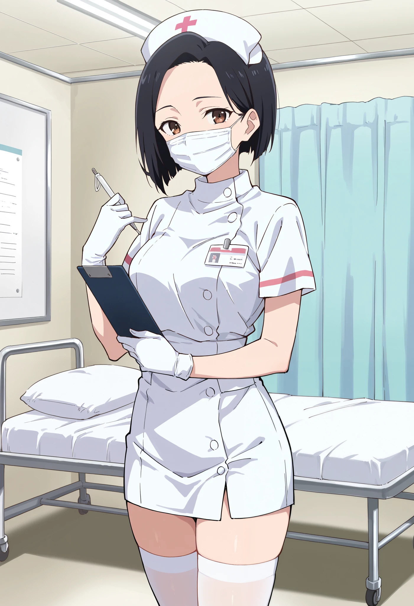 One girl, alone, nurse, nurse cap, White, ((White legwear, zettai ryouiki)),Droopy eyes, smile, Are standing, ((Hospital room)), Sharp contours, Short sleeve, Highest quality, masterpiece