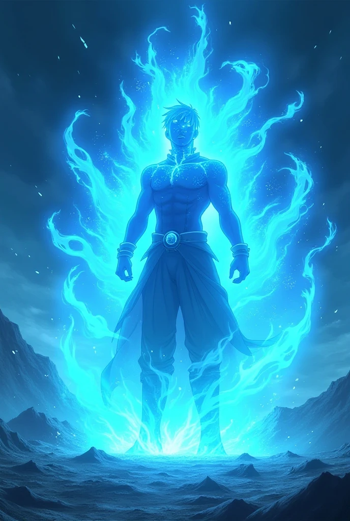 Gojo unleashing his Infinity technique, creating a glowing blue energy barrier. The battlefield looks distorted as his translucent blue aura surrounds him, with floating energy particles in the air.