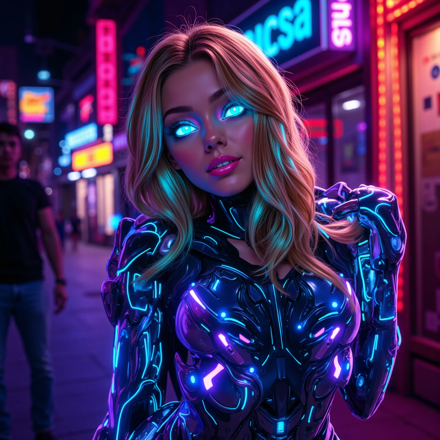 close-up portrait of a beautiful young woman, (cyberpunk clothes) (ErinNobodySD15), Giant breasts, pressed lips (seriously: 1.2) appearance (bright side light rim light: 1.2) deep dark shadows dramatic camera angle high contrast color gradation (masterpiece: 1.2) (photorealistic: 1.2) (bokeh:1.2) (best quality) (detailed skin:1.3) (complex details) (8k) (HDR) (cinematic lighting) (sharp focus), large multicoloured hair loose and wavy, neon lights in the background, pink latex clothing, light green eye colour,