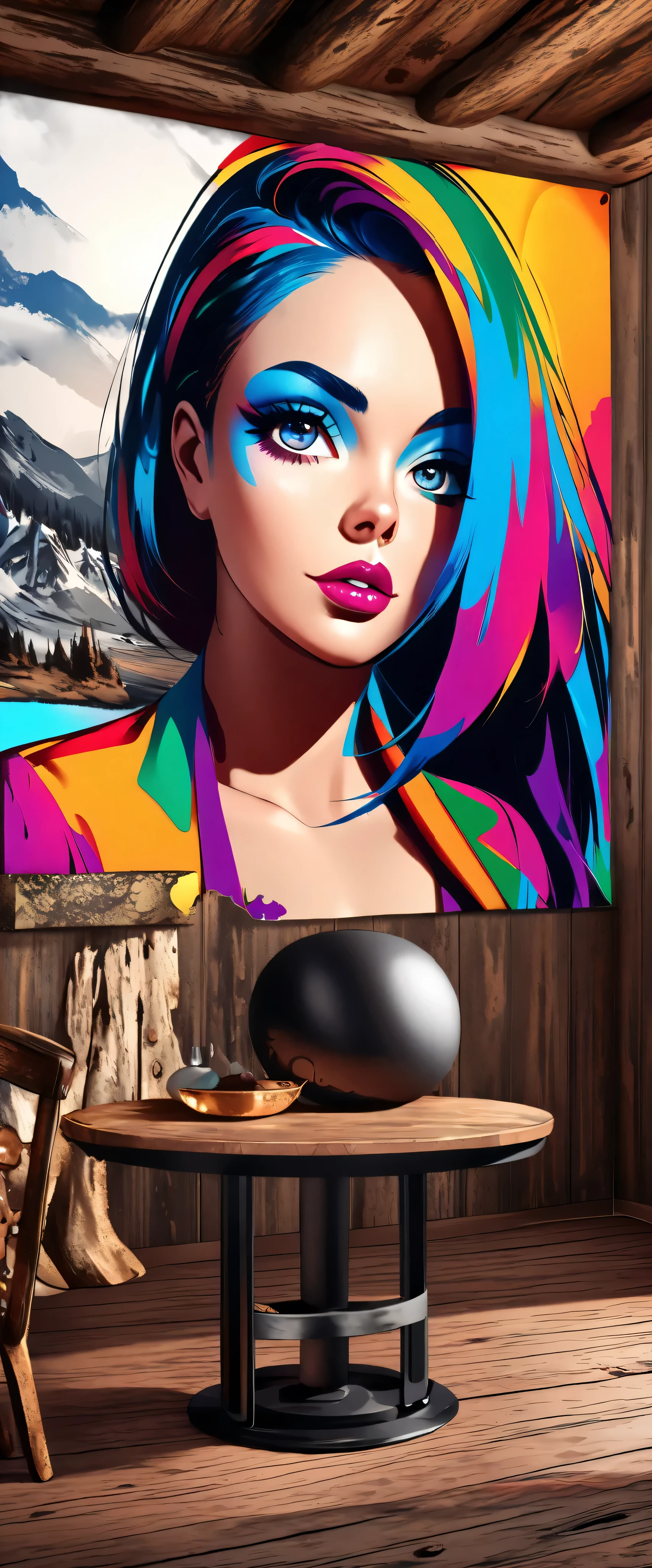 ( digital art ), ( pop art ), (Incredible art), ( gorgeous designer + Extreme Quality :1.4), ( high resolution+), super big hips , vibrant colors, Masterpiece Art , Keen Eye Artistic ,Focus on the eyes, Highlighted eyes, detailed face ( Wlop's Rustic Art Scene Background:1.5)