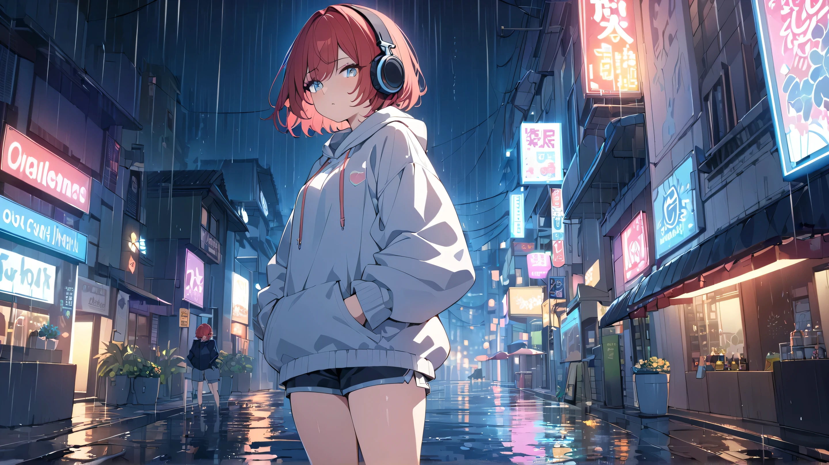 Anime girl standing in the rain in a city at night - SeaArt AI
