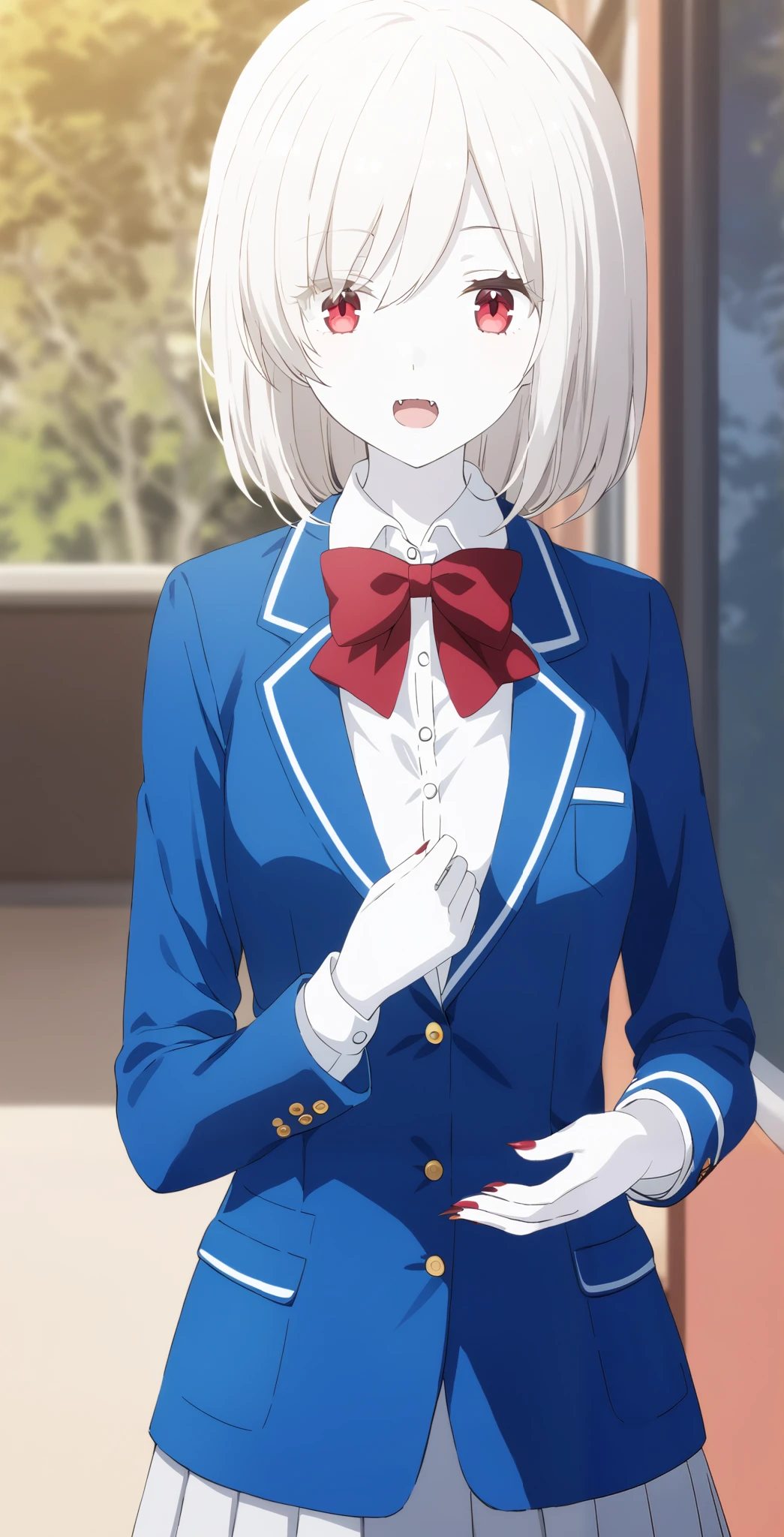 score_9, score_8_ up, score_7_ up, source_Anime, high definition , Anna, 1 girl, Alone, school uniform , red eyes, jacket , shirt, bow, white shirt, blue jacket , collared shirt, blazer, red bow, medium hair , bowtie, bangs, Pure white hair, skirt , upper body, pure white and pale skin, has sharp fangs growing outdoors ,surprised face,全身 pure white and pale skin, pure white hair,Red nails,Sharp and sharp nails ,,vampire,vampire化小早川杏奈,Fingers5Books,pure white and pale hair,Both eyes are closed, pure white hair, pure white and pale skin,There are two buttons on the wrist of the uniform