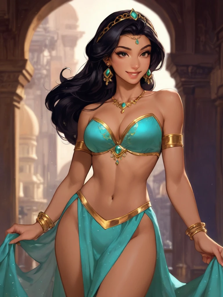 masterpiece, best quality, 1girl, JasmineWaifu, (arabian clothes, off-shoulder shirt, pants, turquoise clothes), (multi-tied hair, long hair), (jewelry), thick lips, brown eyes, (huge breasts), high heels, <lora:skin_tone_slider_v1:2>, sultry expression, long eyelashes, <lora:add_detail:0.5>, extremely sexy, <lora:Jasmine_character:0.75>, midriff, navel, [mild abs]