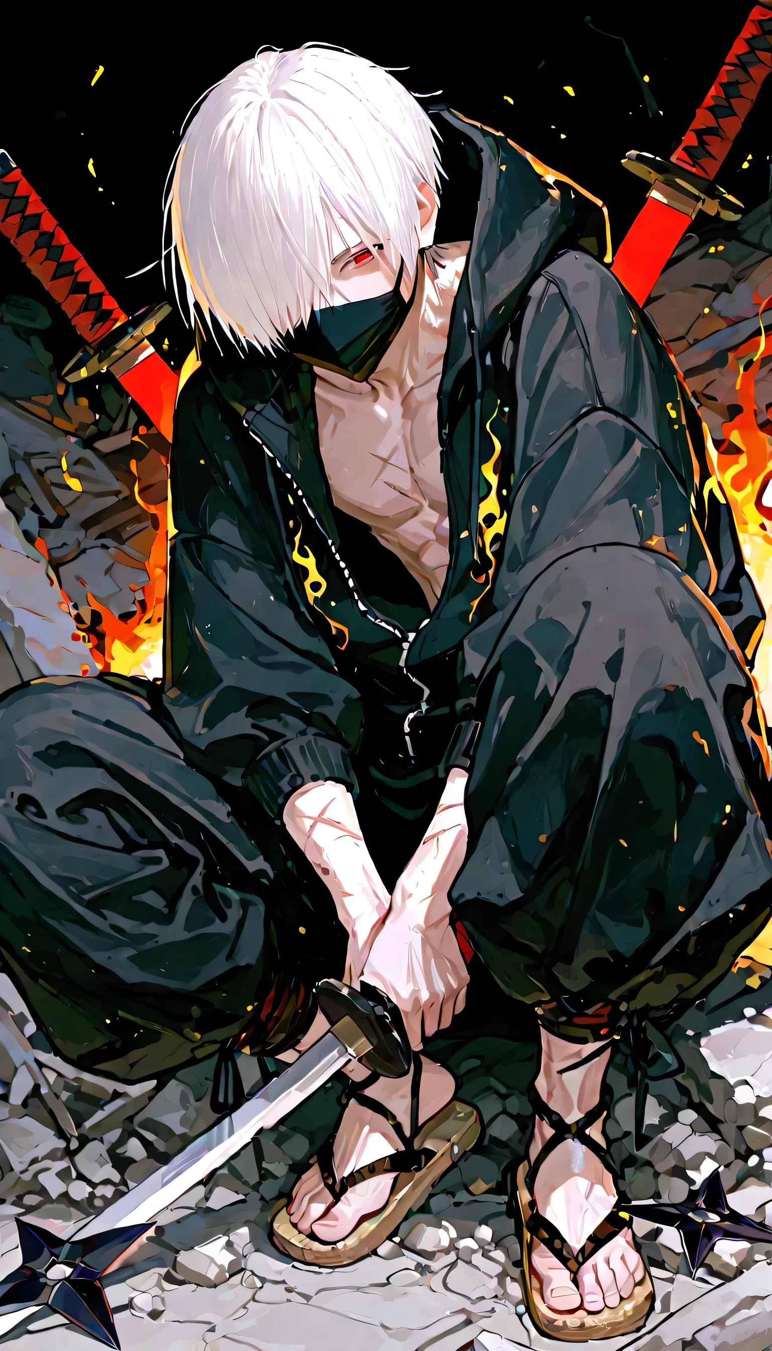 1boy, skinny body, handsome man、Holding a sword、((Shuriken:1.2))、(( are burning around:1.2))、straw sandals、ninja、form below, hair over one eye, red eyes, 3 scars on my cheeks , white hair, On top of the rubble、full body, Baby Face, baggy pants、mouth mask, black clothes, oversized black fleece jacket