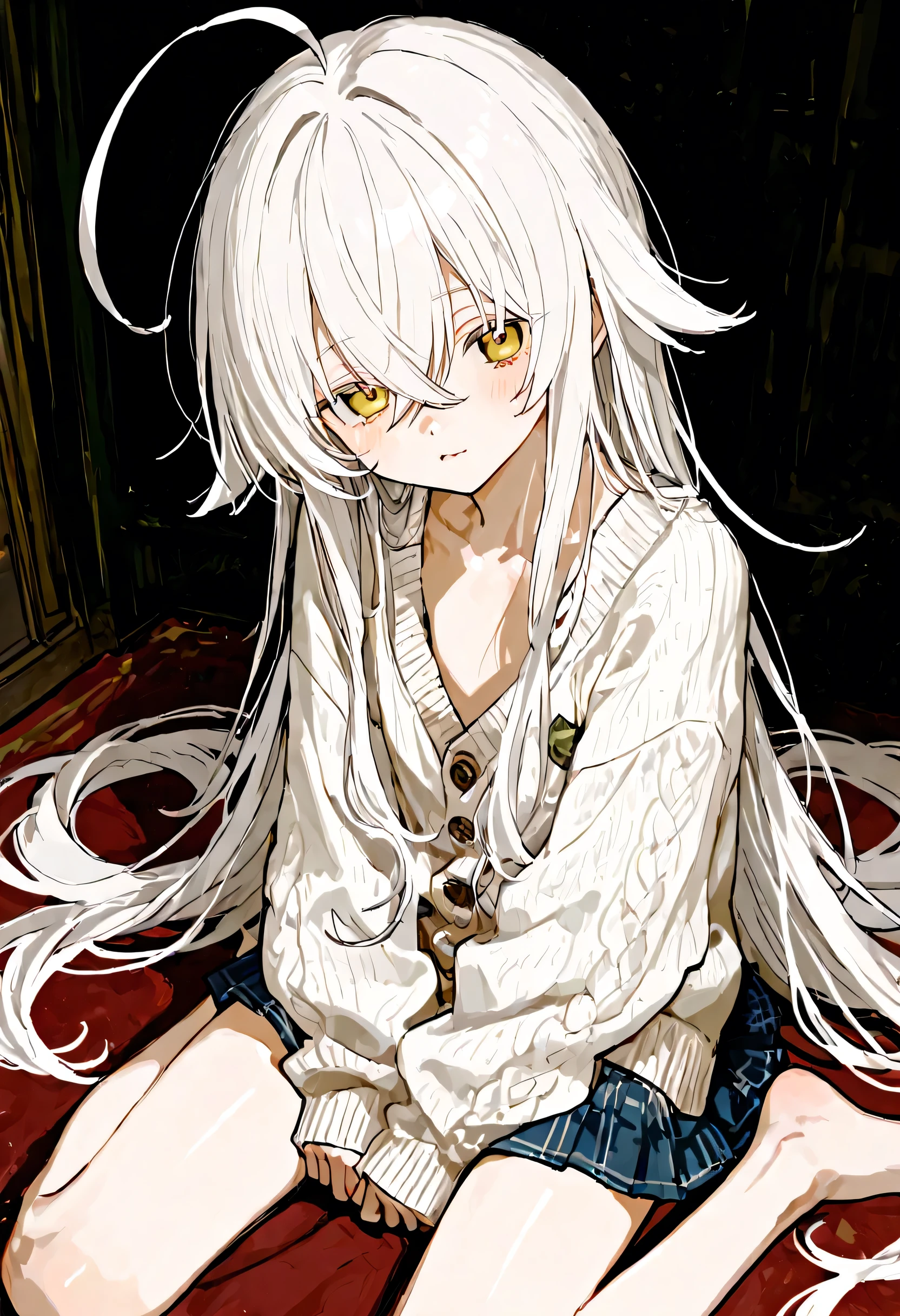 oversized white cardigan, skinny body, flat chest, ((miniskirt:1.2))、Put on clothes , very long hair, ahoge, crossed bangs、white hair、round face、 is short、Baby Face, wariza, ((Looking up:0.5))