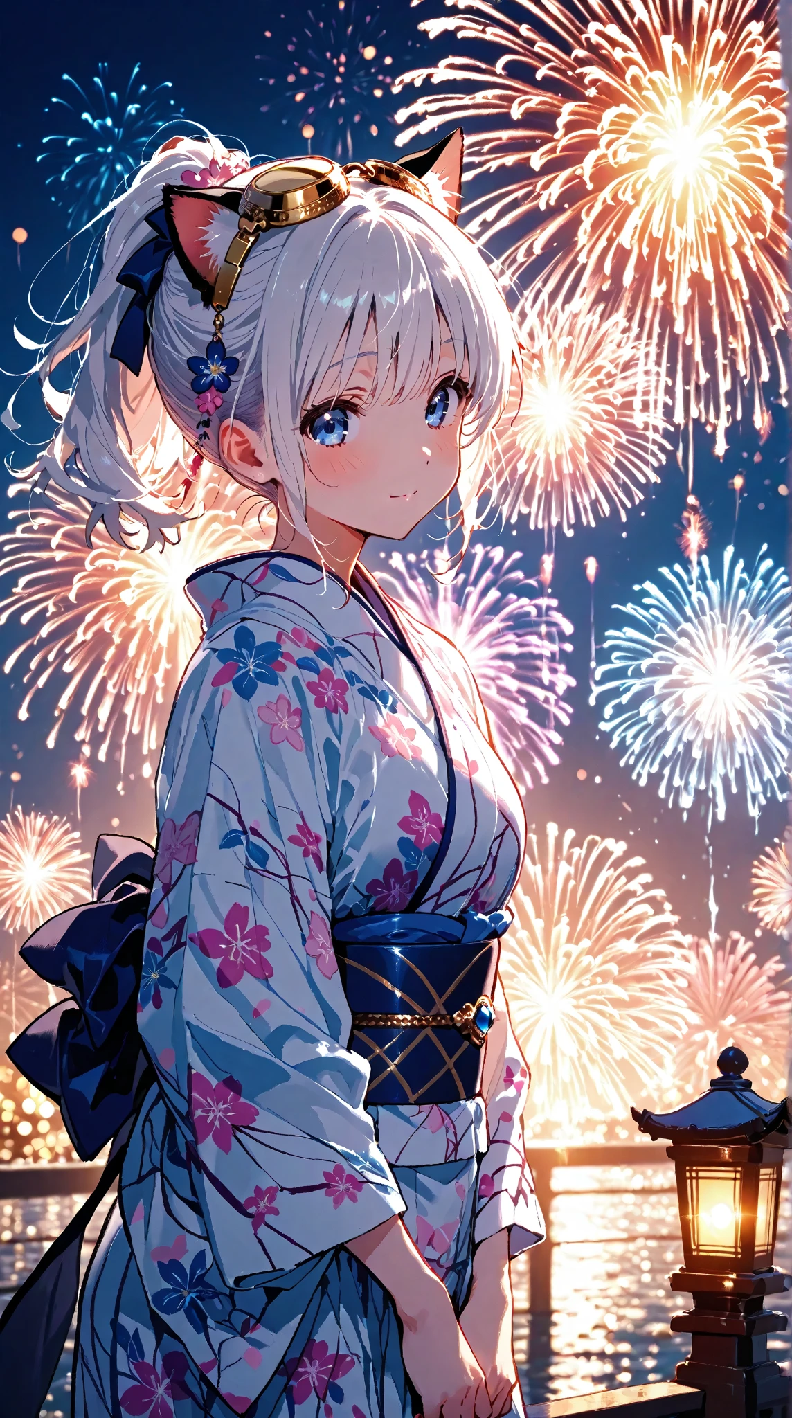 high-level image quality、top-quality、Detailed drawing、Does not blush cheeks、Slender adult beauty、Yukata、School swim wear、Small eyes、Medium chest、Twin-tailed、Fireworks Festival、Turn around