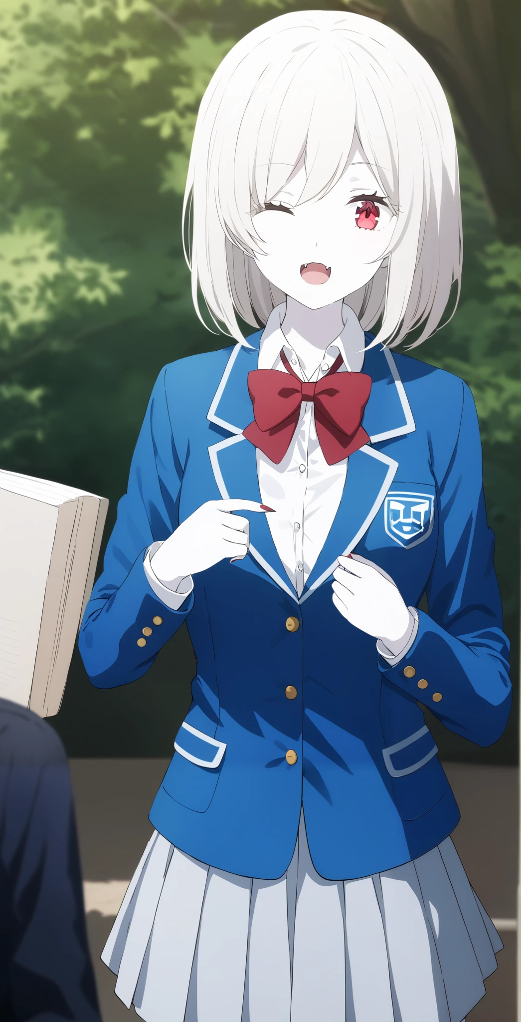 score_9, score_8_ up, score_7_ up, source_Anime, high definition , Anna, 1 girl, Alone, school uniform , red eyes, jacket , shirt, bow, white shirt, blue jacket , collared shirt, blazer, red bow, medium hair , bowtie, bangs, Pure white hair, skirt , upper body, pure white and pale skin, with sharp fangs outdoors,surprised face,全身 pure white and pale skin, pure white hair,Red nails,Sharp and sharp nails ,,vampire,vampire化小早川杏奈,Fingers5Books,pure white and pale hair,Both eyes are closed, pure white hair, pure white and pale skin,There are two buttons on the wrist of the uniform