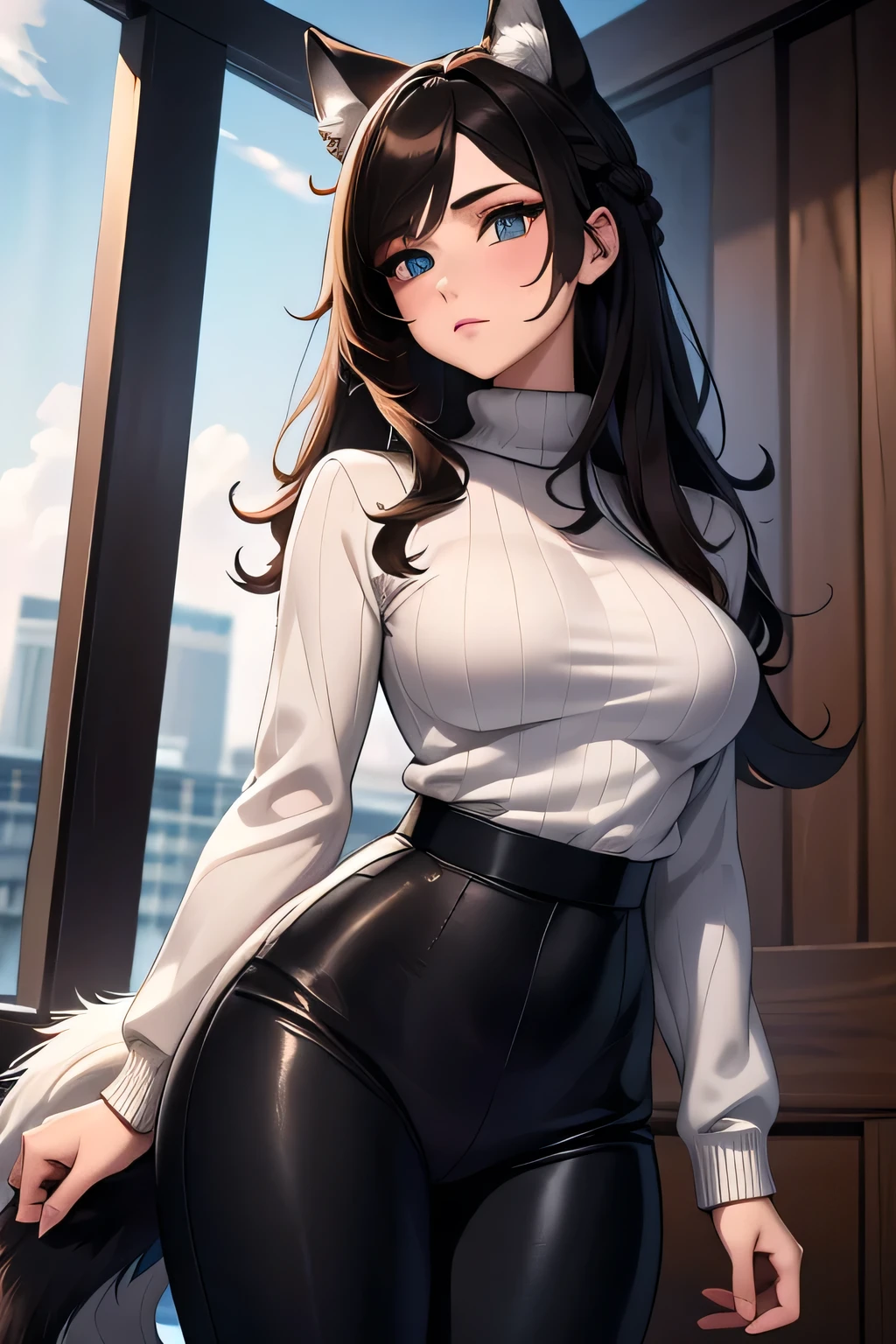 Ultra-high-definition, super-detailed full-HD, ultra detail, high detailed digital anime art, fine details. anime,8k, masterpiece, hi-resolution, best quality, hi-res, Top Quality, High Quality, High Resolution, pretty, woman, dark brown hair, long hair, braided hair, wolf_girl, wolf ears, wolf tail, heterochromia eyes, , hourglass figure, medium breasts, bottom heavy, , hair shawl, full sweater, black ribbed sweater, black slacks cowboy shot, wolf tail, wolf tail, dog tail, fluffy tail, in building
