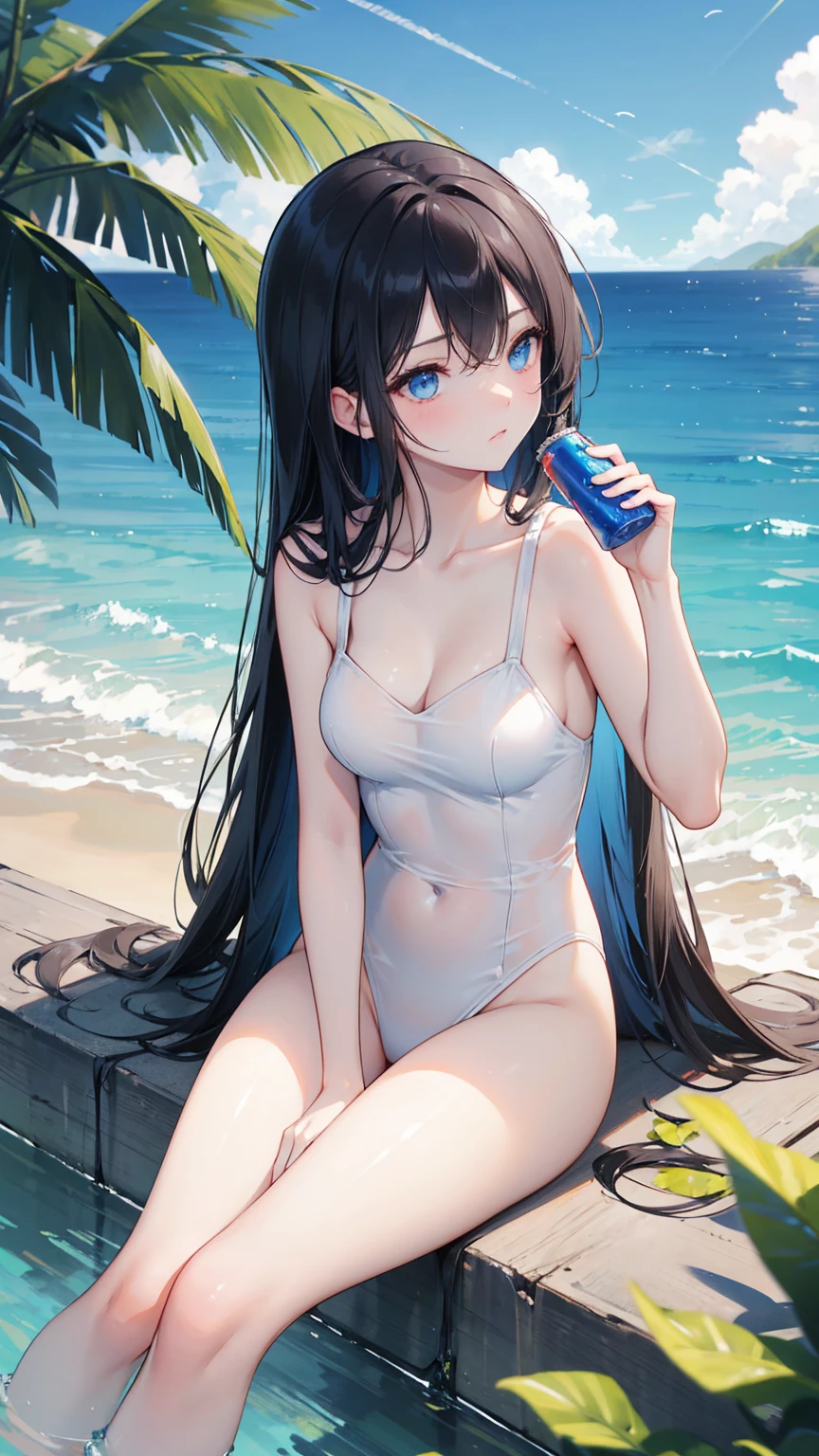 high school girl,Lewd,White swimsuit,Black Hair,smile