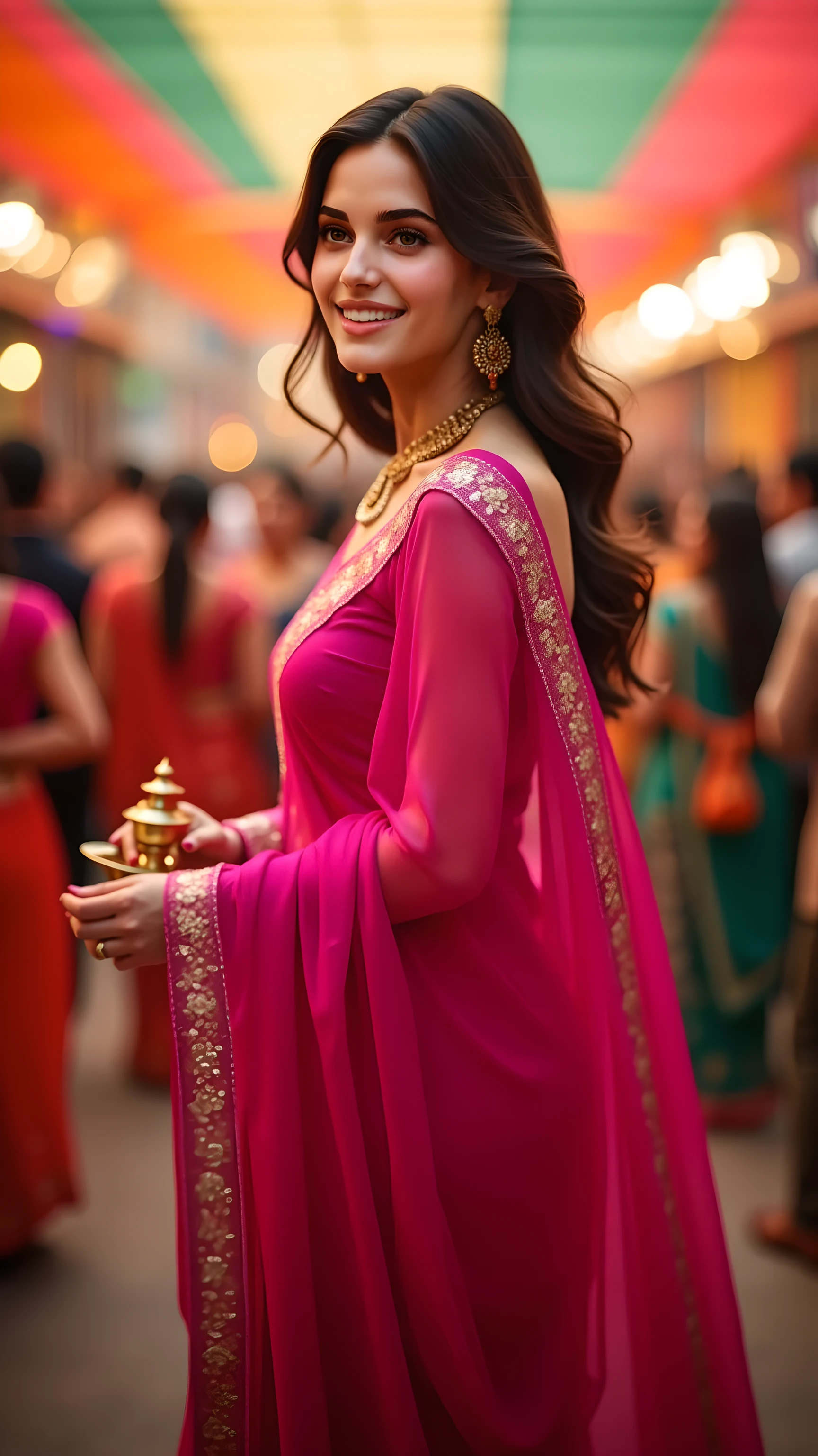 a very short and thick voluptuous smiling Indian woman with huge saggy breasts wearing trendy kurti without bra with a jacket and denims walking through a shopping mall looking back, dreamlike atmosphere, soft cinematic focus, anamorphic lens flares, masterpiece, by tinto brass,