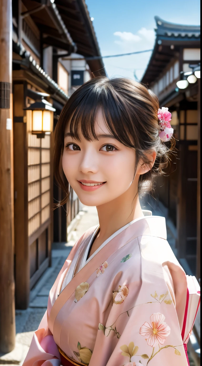 professional lighting,(Photoreal:1.4), (Top image quality:1.0), (超A high resolution:1.0), 8k, Raw photography, (masterpiece:0.2), (face to face with the children_v1:0.5)、(最高quality Detail:1.2)、realistic、8k UHD、High resolution、(1 girl:1.2)、超be familiar withな、High quality textures、intricate details、be familiar with、Very be familiar with CG、High quality shadows、be familiar with 美しく繊細な顔、Beautiful details and delicate eyes、(symmetrical eyes:1.2),written boundary depth、ray tracing,1 girl, japanese girl, (natural smile:1.4),cute, thin, Portrait of a beautiful Japanese woman wearing a kimono, Standing elegantly on a street corner in Kyoto. Kimono with bright traditional patterns, Hair decorated with elegant and delicate hairpins, and a gentle expression. (Against the backdrop of the old streets of Kyoto:1.4)、soft light on a spring afternoon、adds tranquility to the scene. Rendered in a realistic style with great attention to detail, High resolutionの画像.sky porn, magic hour, (realistic:1.3), finely, quality, (table top:1.2), (realistic:1.2), (最高quality), (複雑なbe familiar with), dramatic, ray tracing, photograph, +roller