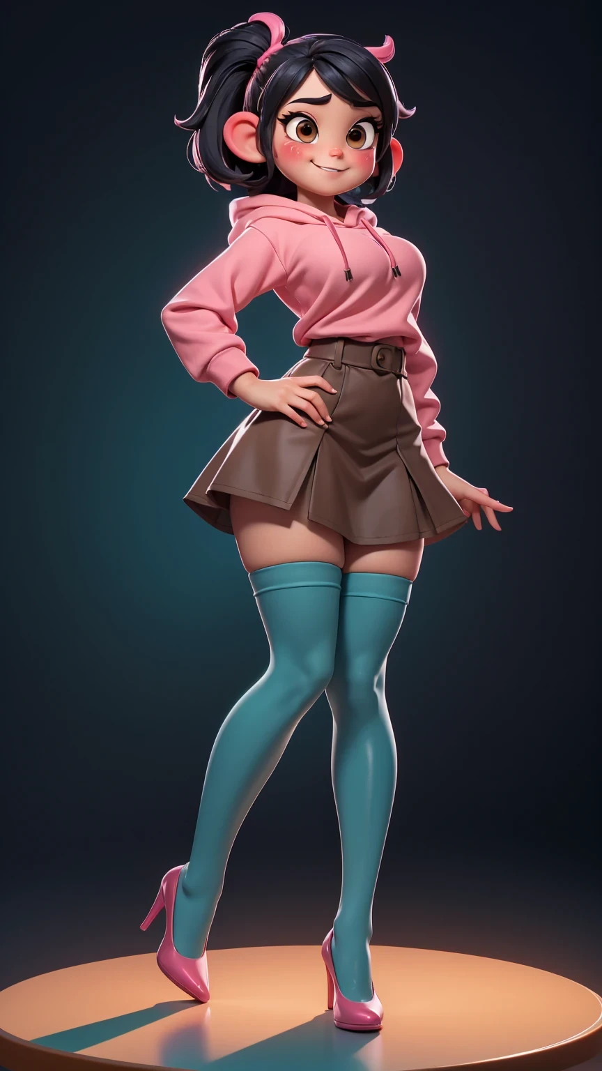 Full body view, adult, (best quality:1.4),(shiny skin), body focus, (cute face), (((best quality))), illustration, adult, full body view, ((Beautiful Finger)), , Beautiful body, Beautiful character design, ,perfect lighting, Colorful, Bright_Front_face_Lighting, ultra high res, highres, absurdres:1.2, bokeh:1.2, lens flare, huge breasts, tall, long curvy legs, stockings,(vibrant_color:1.2), , (thick thighs:1.3), THICK, Black hair with colored sprinkles, red stockings, teal hoodie, large brown eyes,perfect ears, pink blush on cheeks, content expression, skirt, adult Vanellope von Schweetz as an adult, 30 years old. From below, from below, huge breasts