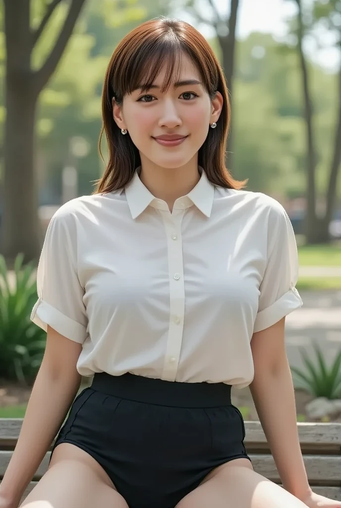 1 female,beauty,20th Generation，Detailed face、,Beautiful Face,smile,(、mini skirt、White shirt:1.1)、break、Sexy garter belt panties、(Showing panties:1.3)、(sitting on a park bench, Spread your legs wide) 、A dignified appearance,Plump Style,(heavy, Saggy breasts、Cleavage、topless:1.1)、Front view、Thighs, Thighs, Thighs、ultra-realistic,Ultra-high resolution,Highest quality,8k,masterpiece,Outdoors Garter Belt Front View with Clean Arms and Well-groomed Fingers, Size 8