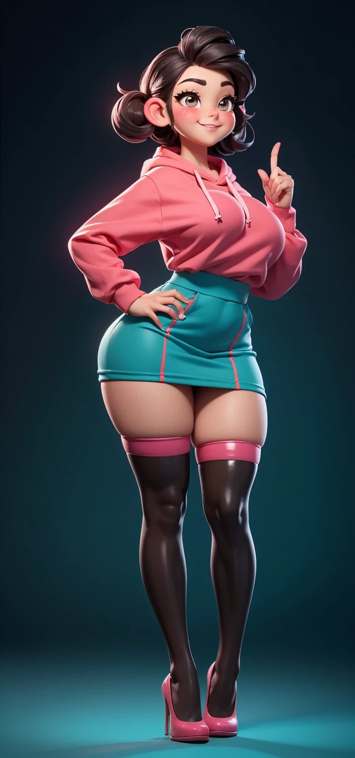 Full body view, adult, (best quality:1.4),(shiny skin), body focus, (cute face), (((best quality))), illustration, adult, full body view, ((Beautiful Finger)), , Beautiful body, Beautiful character design, ,perfect lighting, Colorful, Bright_Front_face_Lighting, ultra high res, highres, absurdres:1.2, bokeh:1.2, lens flare, huge breasts, tall, long curvy legs, stockings,(vibrant_color:1.2), , (thick thighs:1.3), THICK, Black hair with colored sprinkles, red stockings, teal hoodie, large brown eyes,perfect ears, pink blush on cheeks, content expression, skirt, adult Vanellope von Schweetz, 30 years old. From below