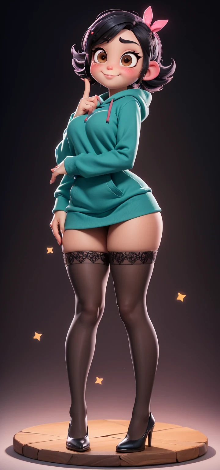 Full body view, adult, (best quality:1.4),(shiny skin), body focus, (cute face), (((best quality))), illustration, adult, full body view, ((Beautiful Finger)), , Beautiful body, Beautiful character design, ,perfect lighting, Colorful, Bright_Front_face_Lighting, ultra high res, highres, absurdres:1.2, bokeh:1.2, lens flare, huge breasts, tall, long curvy legs, stockings,(vibrant_color:1.2), , (thick thighs:1.3), THICK, Black hair with colored sprinkles, red stockings, teal hoodie, large brown eyes,perfect ears, pink blush on cheeks, content expression, skirt, adult Vanellope von Schweetz, 30 years old. From below