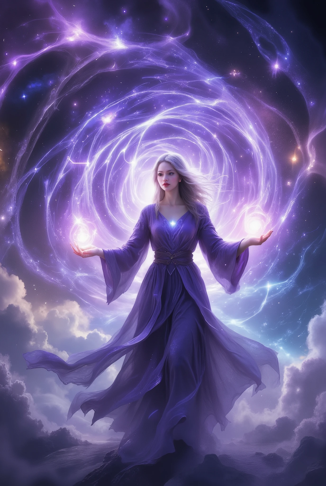 fantasy style, looks great, the sorceress girl draws beautiful patterns in heaven with her hands, they sparkle and exude beautiful purple light, Very Beautiful , masterpiece, 8 k, best quality, complicated details, Fantasy, a beautiful picture filled with magic and beauty ,