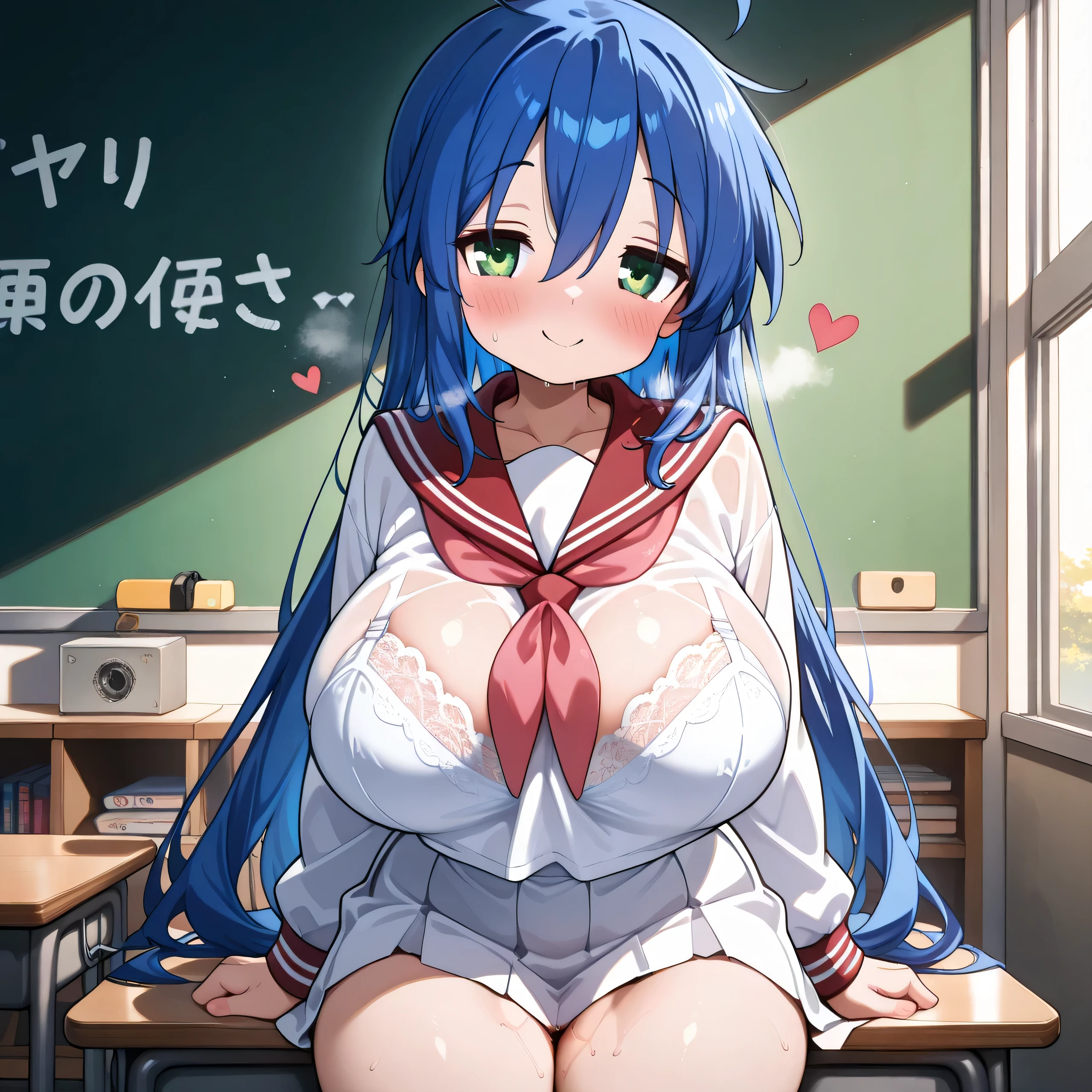 dark blue hair, blunt bangs, very long hair, red eyes, classroom, , large Breasts, nsfw, nipple, naked, empty eyes, solo, frozen, Wet, crying ,, Naked, , (1girl) solo, Peeing, lactation, projectile lactation