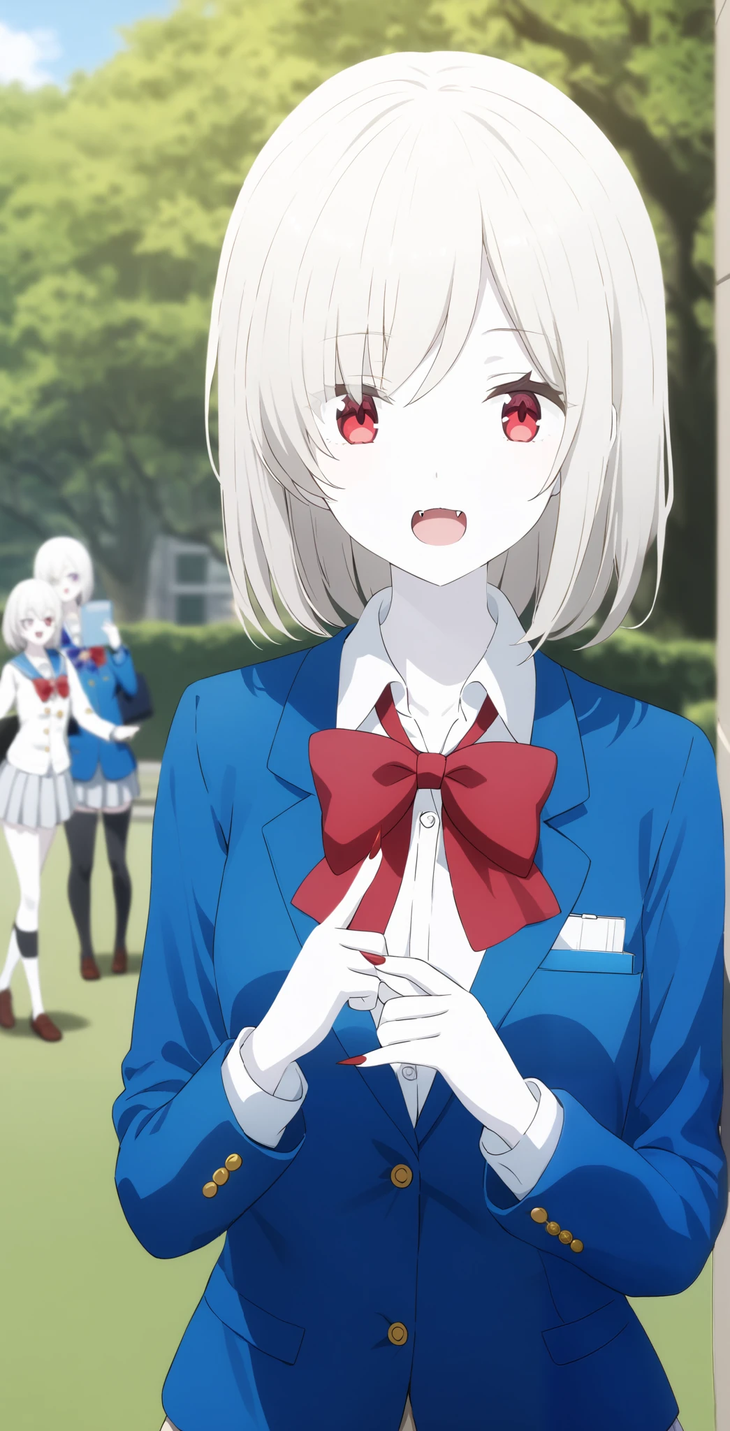 score_9, score_8_ up, score_7_ up, source_Anime, high definition , Anna, 1 girl, Alone, school uniform , red eyes, jacket , shirt, bow, white shirt, blue jacket , collared shirt, blazer, red bow, medium hair , bowtie, bangs, Pure white hair, skirt , upper body, pure white and pale skin, with sharp fangs outdoors,surprised face,全身 pure white and pale skin, pure white hair,Red nails,Sharp and sharp nails ,,vampire,vampire化小早川杏奈,Fingers5Books,pure white and pale hair,Both eyes are closed, pure white hair, pure white and pale skin,There are two buttons on the wrist of the uniform