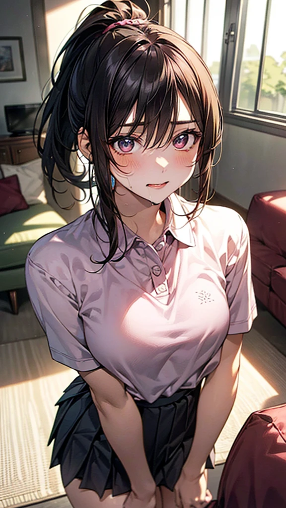 (((sexual position cowgirl style))),(((vaginal sex))),(((having vaginal sex))), (((girl))),delicate and cute girls with brown hair,((wear business service uniform)),((plaid wear))),、16years、Super8K Ultra High Definition、Delicate texture、 Medium Hair、flat chest、(、,Plain clothes,spreading her legs,exposed ,nsfw,big breast,(((in hotel))),(((spreading legs open wide with knees bent,creating the shape of the letter M))),(((detailed race panties))),,penis,penis insert(((embarrassed))),(((troubled face))),sitting on the bed
