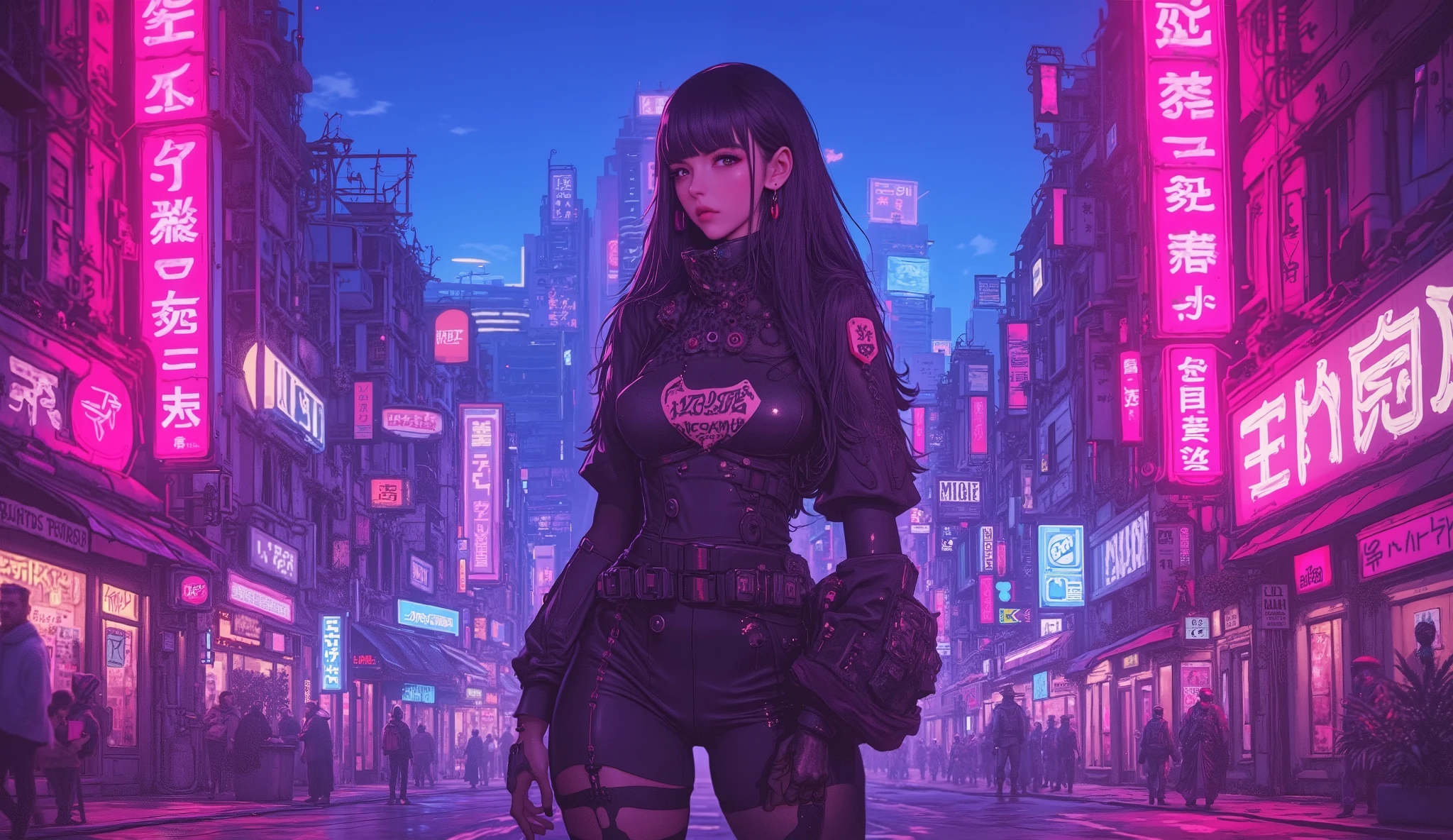 artistic photograph of a cyberpunk prostitute, full body shot, extremely detailed, centered, intricate neon slums in the background, high resolution, hyperdetailed, soft lighting, film grain