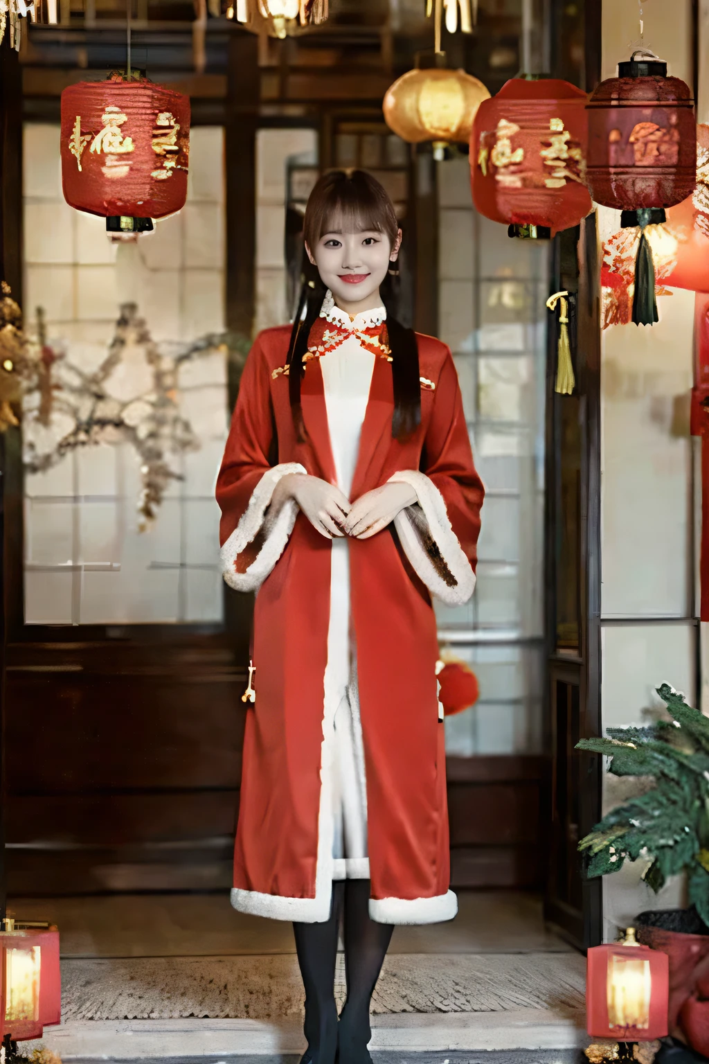 (( best quality )), ((masterpiece)), ( Details ), 1girl ,18 year old Chinese girl , First person perspective , real person, 8k octagonal rendering , Shine Effect , Medium chest ,Wearing a red Chinese robe, Black Stockings,To everyone , celebrating the Chinese New Year ,Bangs, long hair, Open your mouth, Smile, in front of the Confucian Temple, celebrating the Chinese New Year , full body view, Alone