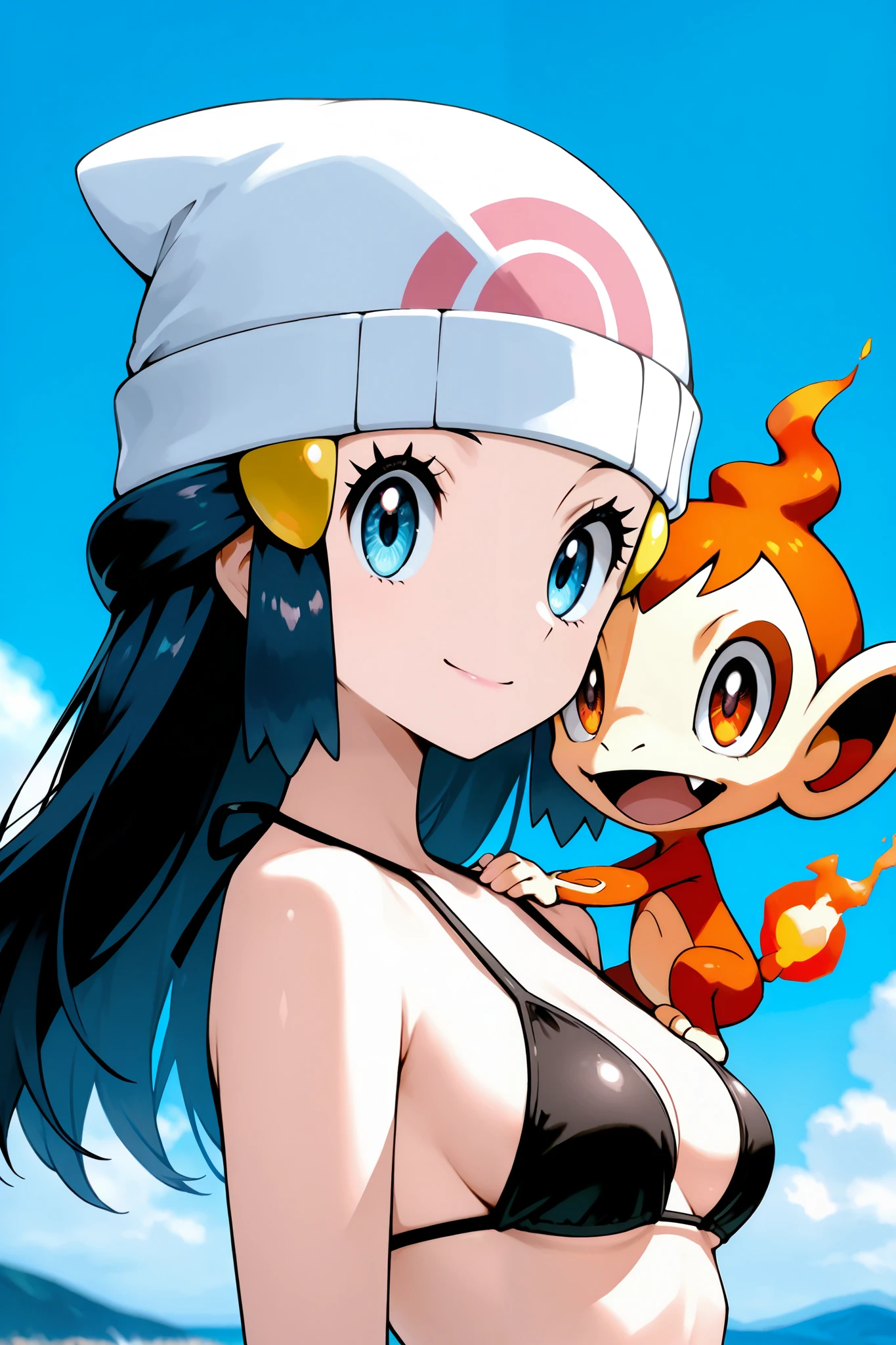 masterpiece, best quality, amazing quality, very aesthetic, absurdres, newest, scenery,highly detailed,high-resolution,close-up portrait,female,woman,dawn/hikari,pokemon diamond pearl,dark-navy hair,long hair,aquamarine eyes,fair skin,glossy texture,pink lips,skimpy bikini,white beanie,simple background,blue background,v sign,one hand,heart,focused subject,sharp focus,medium depth of field,slight smile,looking at viewer,from the side,clean lines,smooth lines,sharp,masterpiece, best quality, amazing quality, very aesthetic, absurdres, newest, scenery, BREAK, eyesHD, detailed eyes, high definition eyes, BREAK, natural small breasts, very skimpy bikini top, BREAK, Chimchars perched on her shoulder, Chimchar is a fire chimp Pokemon from Diamond/Pearl generation,
