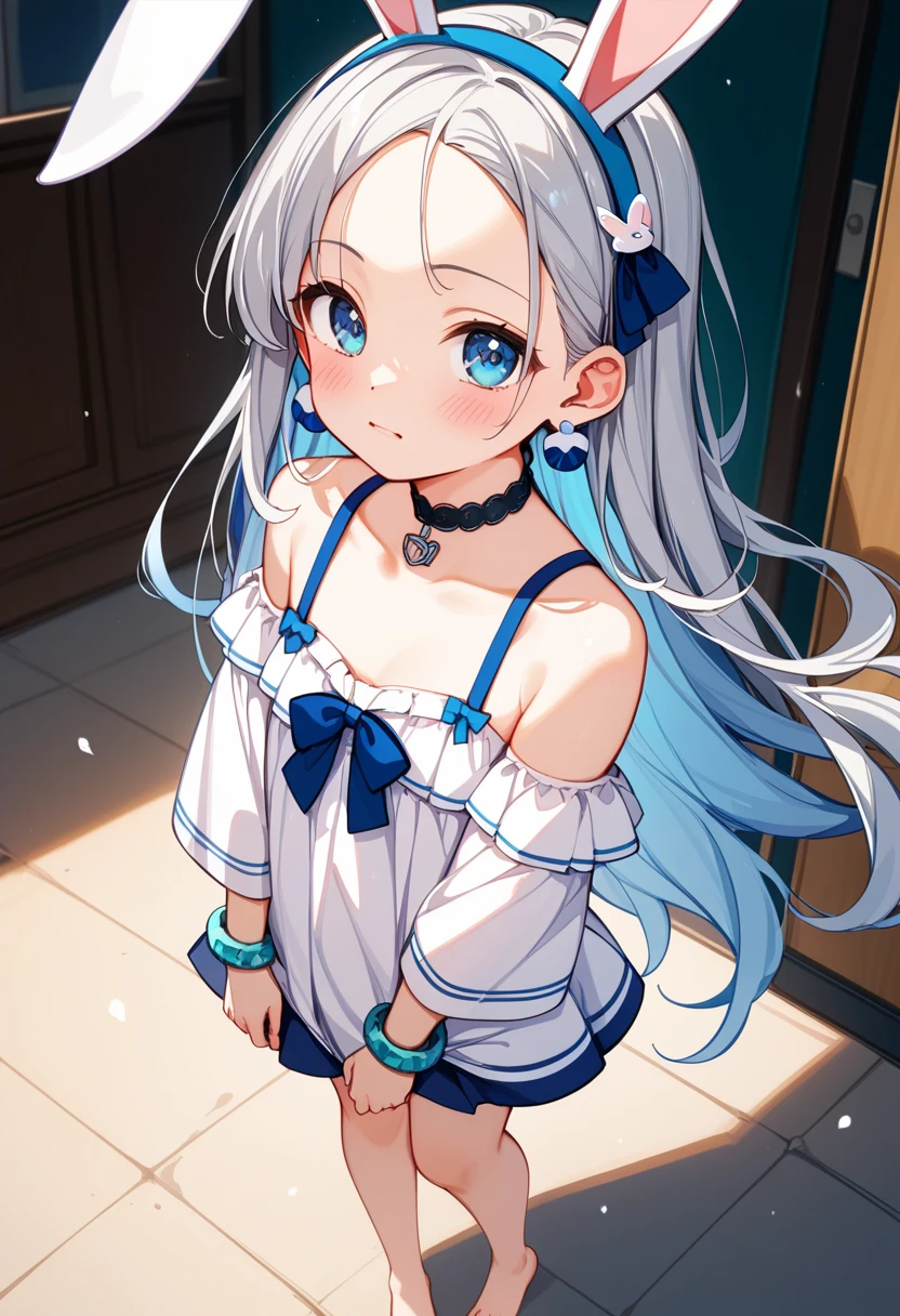 Gray Hair,Twin tails,Light blue eyes,Cat ear,Shoulder Bare,Drooping eyes