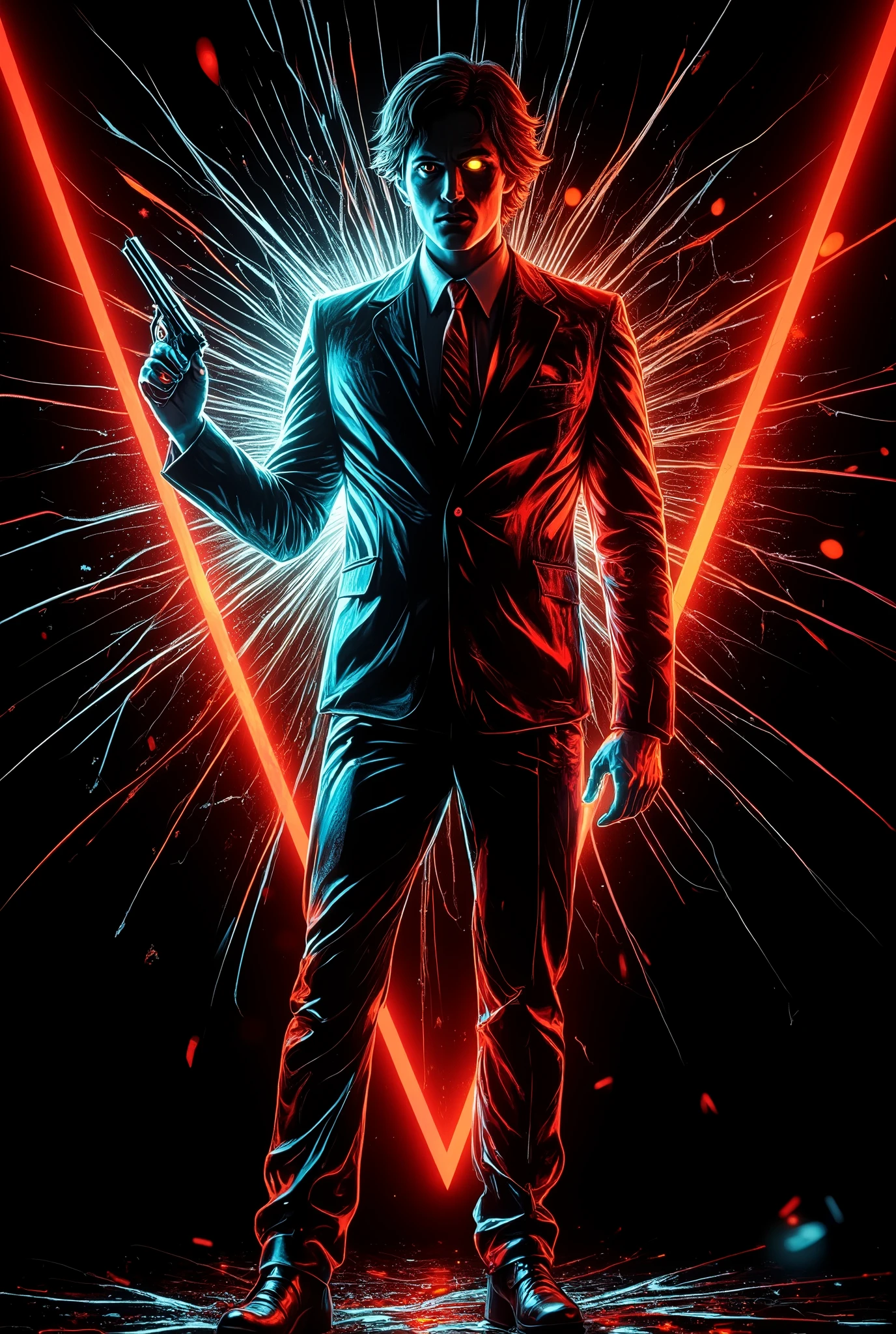 ultra-detailed, psychological thriller-inspired illustration, a man in a disheveled suit standing behind shattered glass/(the cracks radiate outward from a central point, creating a spiderweb effect with glowing yellow highlights/), the man has short dark hair and an unsettling, dual expression/(one side calm and composed, the other sinister and unnerving with a glowing yellow eye/), he holds a revolver in one hand, his other hand gesturing casually as if inviting the viewer, a long red tie flowing unnaturally behind him/(the tie adds a sense of motion and tension to the scene/), the background is minimalistic but striking/(a vivid red triangular shape that contrasts sharply against the black void/), the atmosphere is tense and eerie, evoking feelings of chaos and duality, cinematic lighting highlighting his face and weapon, high-contrast shadows, high-quality rendering, 8k resolution, intricate details in the shattered glass and facial expressions, psychological and symbolic tone, masterpiece-level composition, dynamic and immersive perspective.