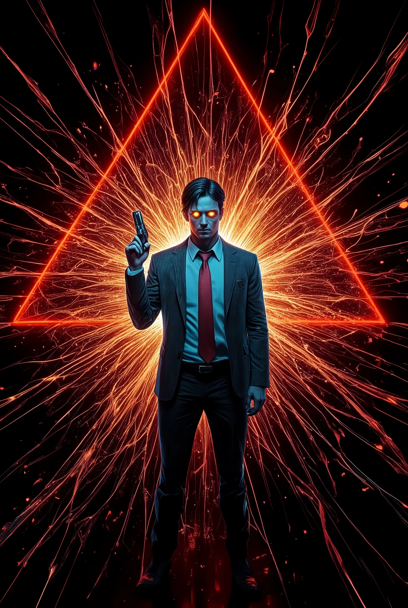 ultra-detailed, psychological thriller-inspired illustration, a man in a disheveled suit standing behind shattered glass/(the cracks radiate outward from a central point, creating a spiderweb effect with glowing yellow highlights/), the man has short dark hair and an unsettling, dual expression/(one side calm and composed, the other sinister and unnerving with a glowing yellow eye/), he holds a revolver in one hand, his other hand gesturing casually as if inviting the viewer, a long red tie flowing unnaturally behind him/(the tie adds a sense of motion and tension to the scene/), the background is minimalistic but striking/(a vivid red triangular shape that contrasts sharply against the black void/), the atmosphere is tense and eerie, evoking feelings of chaos and duality, cinematic lighting highlighting his face and weapon, high-contrast shadows, high-quality rendering, 8k resolution, intricate details in the shattered glass and facial expressions, psychological and symbolic tone, masterpiece-level composition, dynamic and immersive perspective.