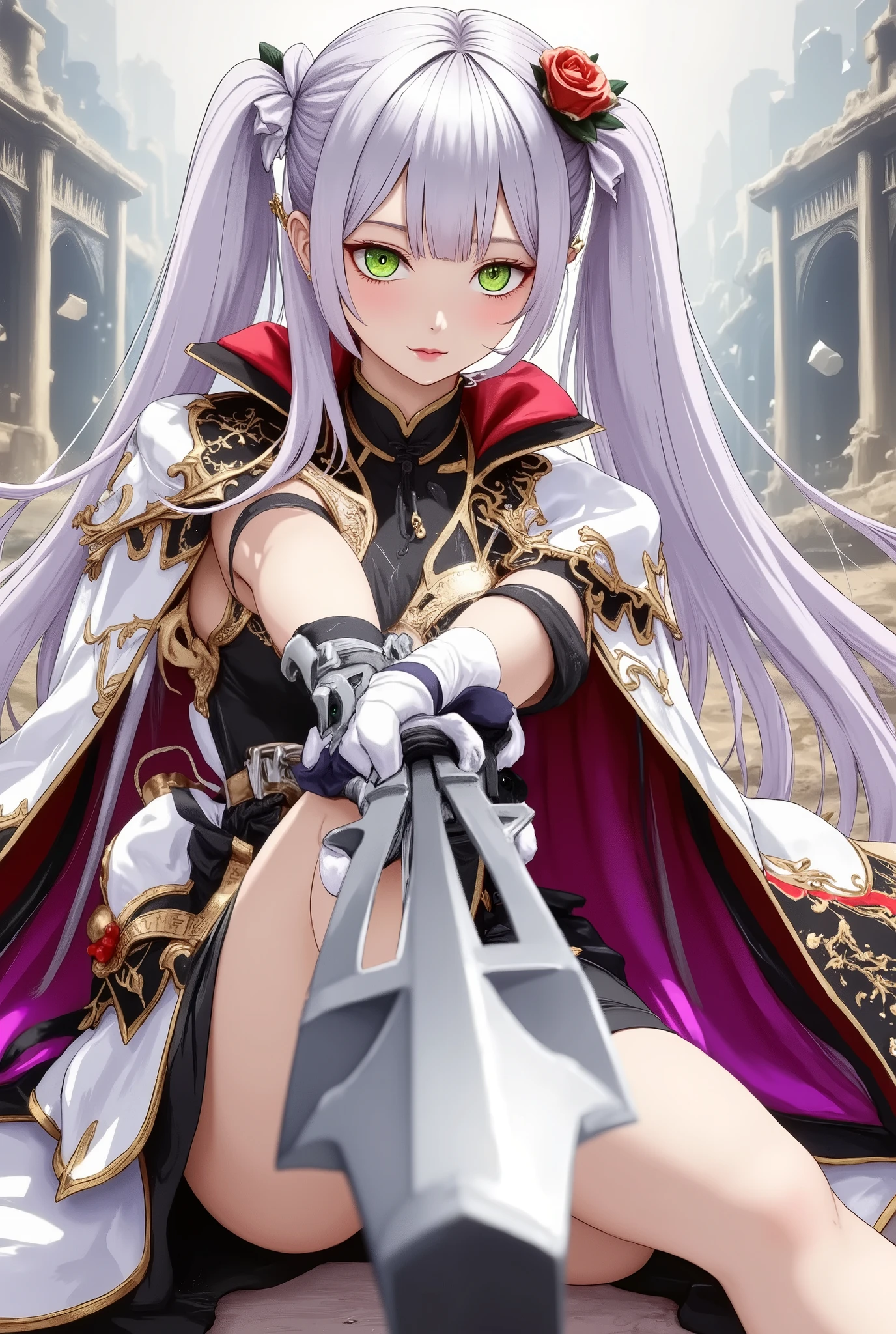 ultra-detailed anime-style illustration, dynamic battle pose of a powerful white-haired female warrior, highly detailed with individual strands highlighted/), she wields a massive and intricately designed sword/(the blade glows faintly with magical inscriptions and reflects light dramatically, sharp and imposing/), her piercing green eyes exude determination and intensity, her expression is fierce and confident, her flowing cape has a bold red and black pattern with inner purple details, dynamic composition with her sword slashing diagonally, background hints of a shattered battlefield/(abstract patterns and shards of broken architecture, faint magical energy radiating in the air/), cel-shaded style with sharp contrasts, bold linework, vibrant colors, high-quality rendering, cinematic lighting, 8k resolution, anime masterpiece aesthetic, high-intensity action scene, dramatic energy and movement.