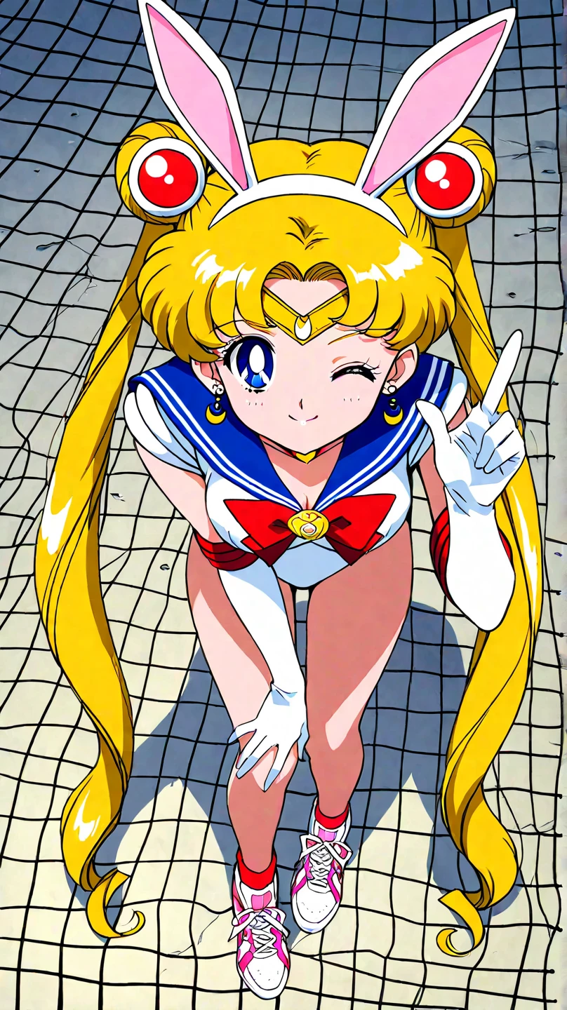 masterpiece, Highest quality, High resolution, 8K, High Resolution, Ultra-detailed, One Girl, (Anatomically correct), (Complete limbs), (Accurate fingertips), Beautiful slender 18 year old active girl, Brown eyes, Narrow eyes, Black-haired, Very short hair, (Dark Skin:1.3), ((Sailor Moon: 1.3)), (White leotard), (Blue sailor collar), (Knee-high boots:1.1), choker, (White gloves), 青いchoker, (Elbow Handbags), (Blue Skirt), only, flexible, (Standing on one leg:1.2), (Standing Split:1.3), Muscular, Hand lifting one leg, ((Gymnastics Venue:1.3)), Laughter, high school student, Like the whole body, Bust 86, Waist 58, Hip 88, (Sweating profusely), (Reinforced Body, Toned body, Get six packs:1.1)