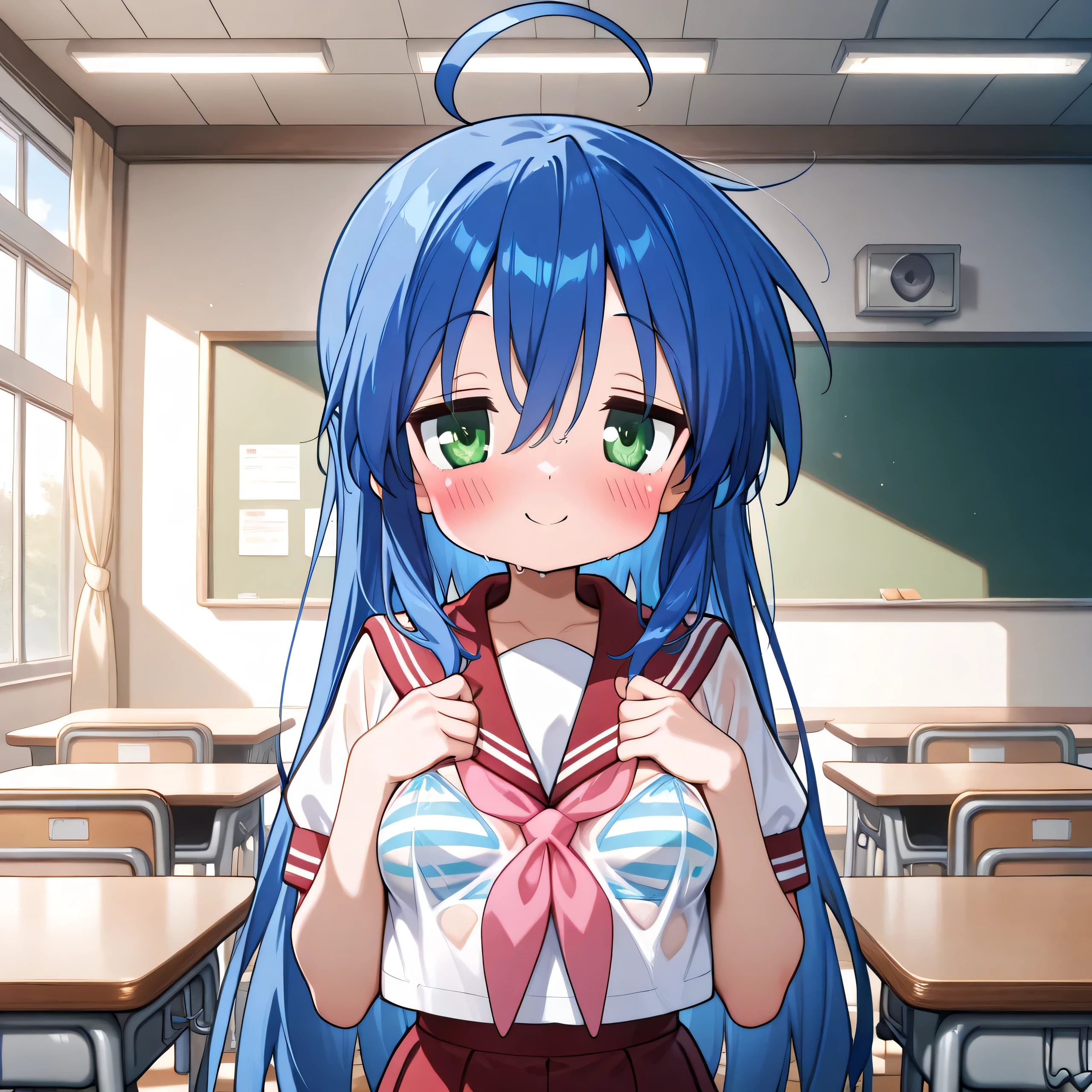 Small、 short、Konata Izumi、 Lantern, masterpiece, top quality, high resolution,, 1 girl, Alone, school uniform , neckerchief , red sailor collar , Indoors, classroom, ( big size:1.4)、Smile、shout、 orgasm、Pleasure、 at the top、blush、 red cheeks 、White muddy love juice、A large amount of love juice spews out、 drip a large amount of love juice、 legs、 heart、 can see through clothes and bras、Clothes that are wet and transparent 、Touching breasts、 striped bra