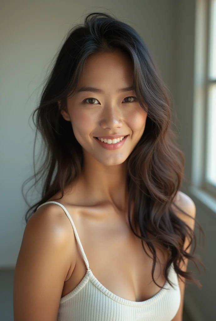 Cool Beauty、Beautiful Japanese、糸のようHair、Semi-long, below shoulder length、Olive brown hair color、Less hair volume、The body is oblique、The gaze is on the camera、smile、Beige cut and sew、Has a sharp gaze、Clear and straight nose、Background is simple concrete、Lightweight hairstyle、gloss々Hair、Messy straight hair and sharp eyebrows、Straight hair ends