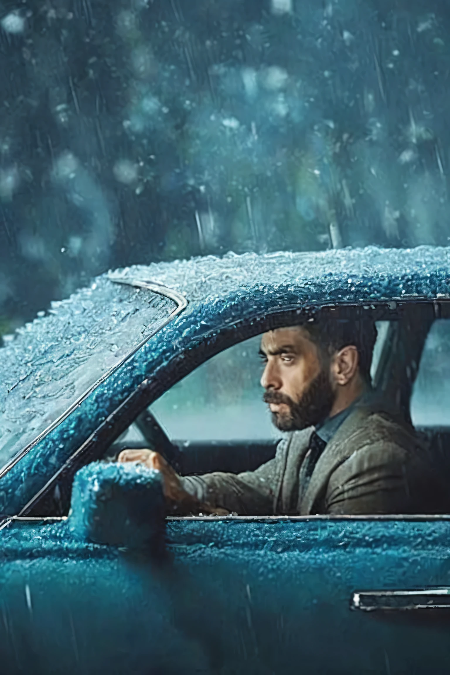 Man sticking his head out the car window while it's raining