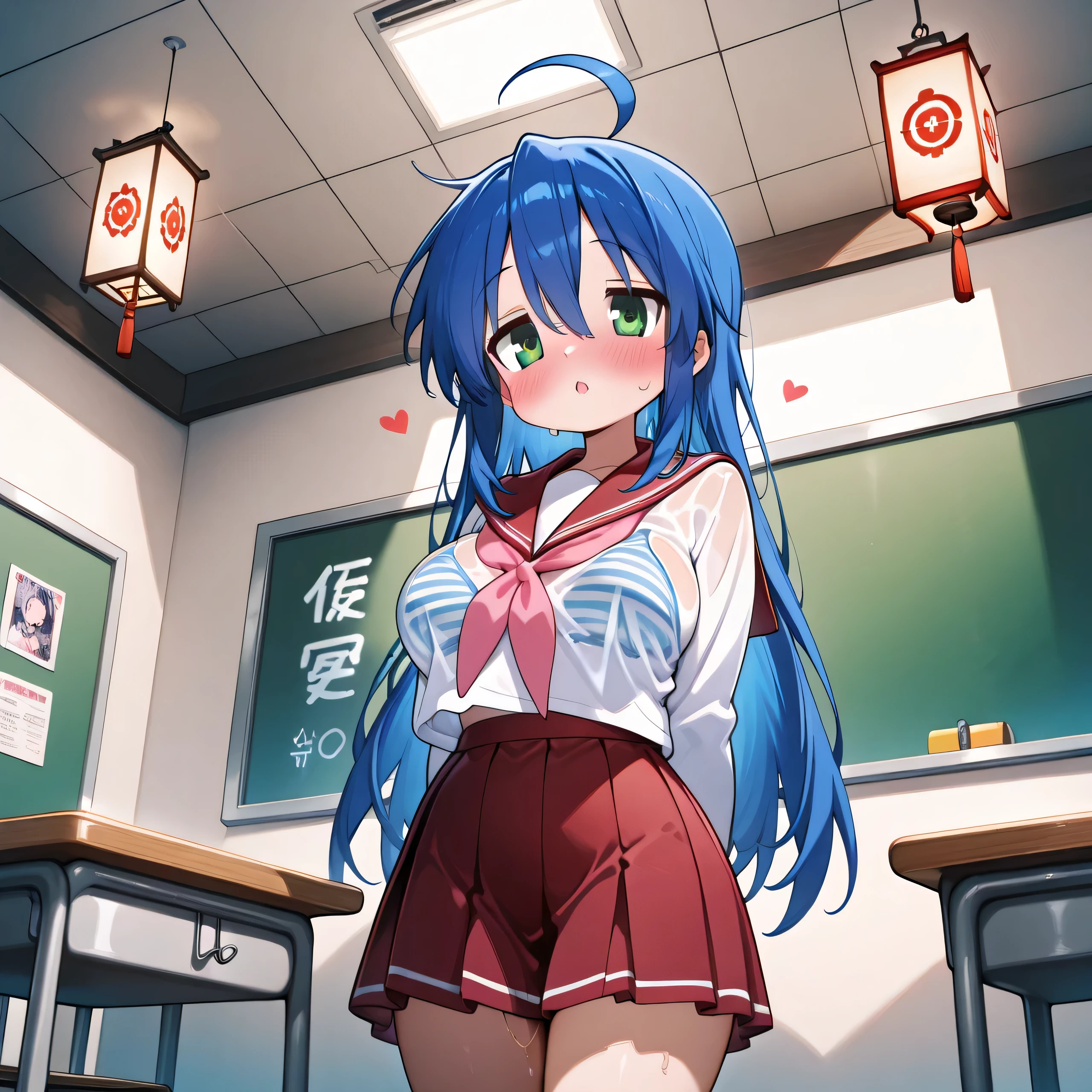 Small、 short、Konata Izumi、 Lantern, masterpiece, top quality, high resolution,, 1 girl, Alone, school uniform , neckerchief , red sailor collar , Indoors, classroom, ( big size:1.4)、 embarrassing expression、 orgasm、Pleasure、 at the top、blush、 red cheeks 、White muddy love juice、A large amount of love juice spews out、 drip a large amount of love juice、 legs、 heart、 can see through clothes and bras、Clothes that are wet and transparent 、Touching breasts、 striped bra、 rolls up her skirt、 from below