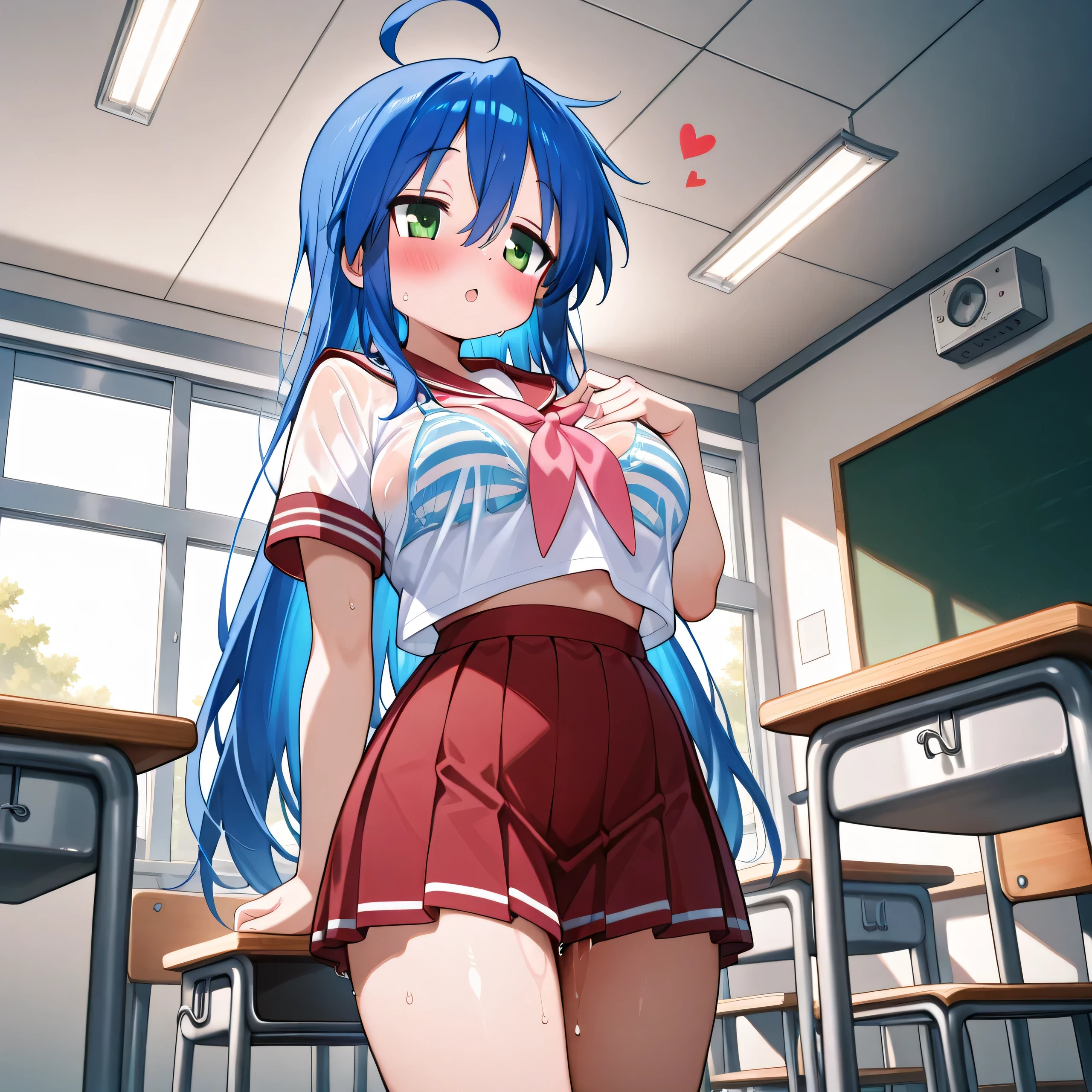 Small、 short、Konata Izumi、 Lantern, masterpiece, top quality, high resolution,, 1 girl, Alone, school uniform , neckerchief , red sailor collar , Indoors, classroom, ( big size:1.4)、 embarrassing expression、 orgasm、Pleasure、 at the top、blush、 red cheeks 、White muddy love juice、A large amount of love juice spews out、 drip a large amount of love juice、 legs、 heart、 can see through clothes and bras、Clothes that are wet and transparent 、Touching breasts、 striped bra、 rolls up her skirt、 from below