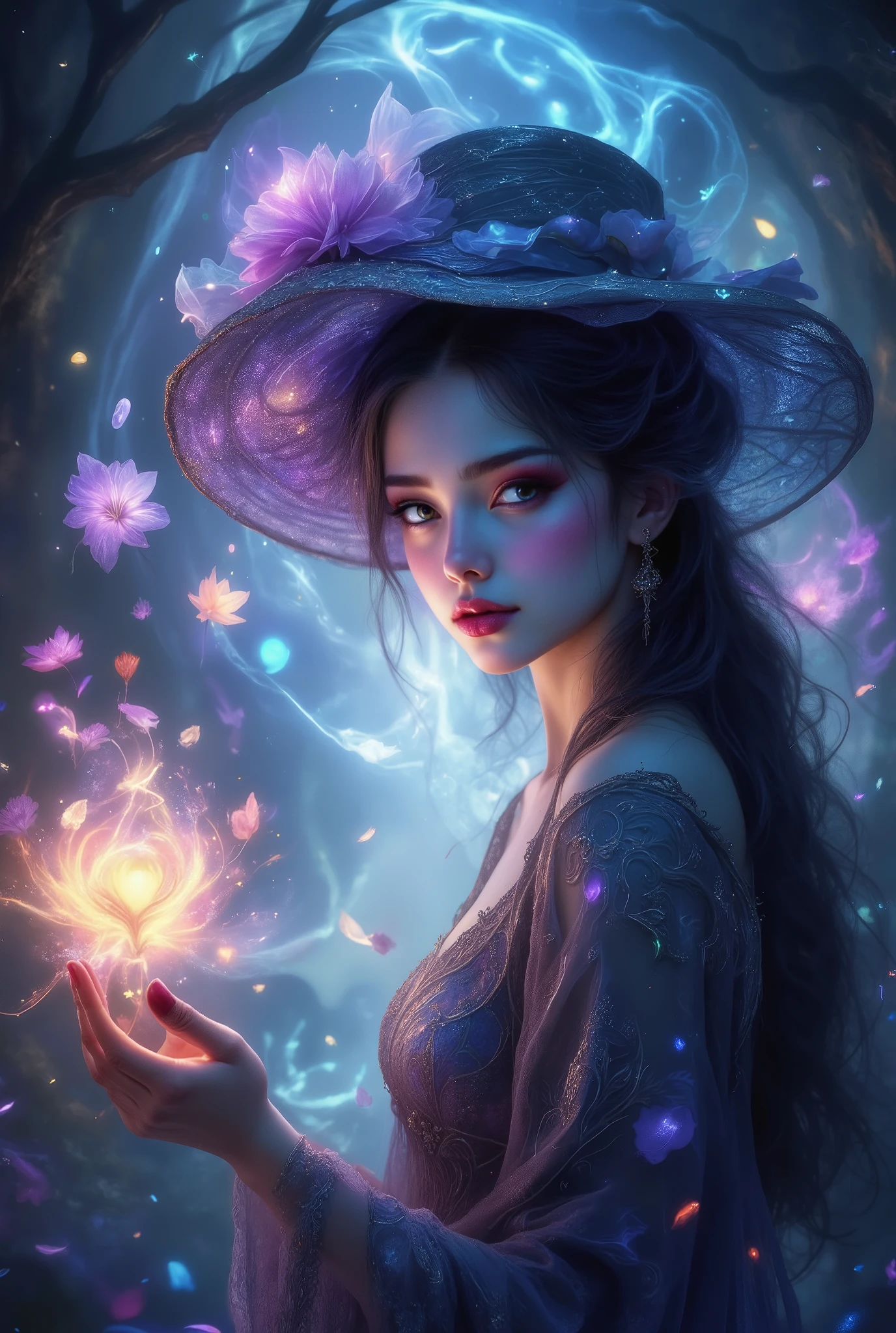 Very Beautiful , стиль phantesis , as detailed as possible , a beautiful girl with a hat and long hair , dressed in a dress with patterned iridescent in her hand holds a flower from which a beautiful magical glow comes with hearts and delicate flower petals, 8 k, best quality, complicated details, maximum number of details, masterpiece, Just a beautiful , breathtaking picture , phantesis ,