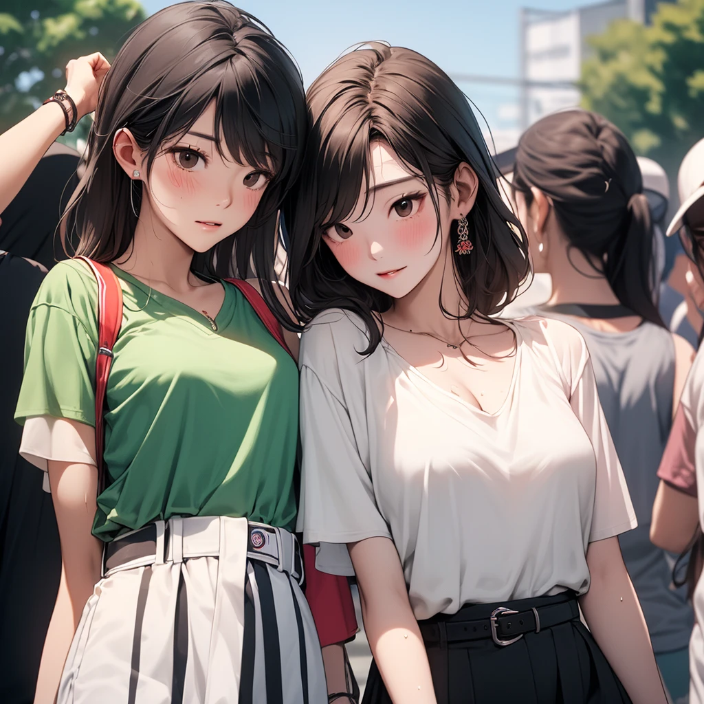 (masterpiece, best quality, 8k wallpaper, high resolution, ultra realistic) , 2 women, 2 girls with sunglasses, 18 years old, black hair (long hair, bob cut), 8k, RAW portrait (Japanese woman), masterpiece, photorealistic: 1.3, realistic, ultra high resolution, best quality, real life photo, (in the evening: 1.1), ((((1 girl: 1.5))))(cute face: 1.3), perfect proportions, 80s oversized sunglasses,, steampunk, col: white/green, face retouch, labrador, robot suit, chrome skin, savvy, anime cosplay, cyber enhanced, skin color – , slim bodysuit, red scarf, light colored background, two people posing.