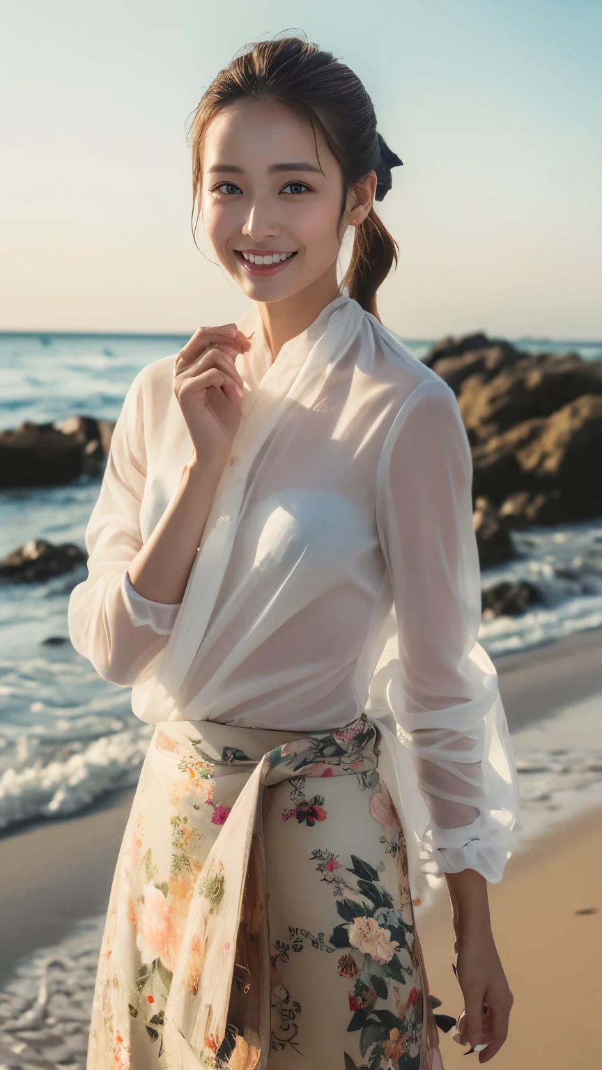 ((Top Quality)), ((8K)), ((Masterpiece: 1.3)), (Perfect Appearance), (Photorealism: 1.6), (Japanese woman walking on the beach with the sunset in the background: 1.4), (sandy beach at sunset), (The sea dyed red by the sunset), (The setting sun is dazzling), (Backlit), (Mont Saint Michel can be seen in the background: 1.2), japanese woman, (48 years old), ((Standing upright, facing forward, center of screen)), ((Realistic skin texture)), (Fine wrinkles throughout the skin: 1.3), (Dull skin: 1.1), (Skin without moisture: 1.2) , (Wrinkles on the face: 0.9), (Wrinkles on the corners of the eyes: 1.2), Double eyelids, tear bags on the lower eyelids, (Crying moles: 0.9), The eyes are looking here, serious gaze, (Dimples: 1.2), smile with the corners of the mouth raised wide, straight medium length, hair fluttering in the wind, soft fabric blouse, (transparent blouse: 1.3), (Plump and glamorous body), (wide sleeves), (Cuffs that fit your wrist), (The hem of the blouse is tucked into the skirt: 1.2), (pleated long skirt: 1.2), (Bare feet wet with seawater), (whole body: 1.3),