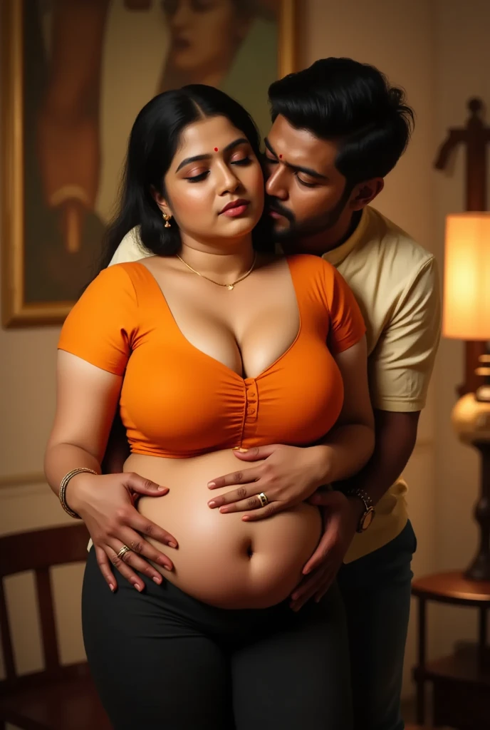A indian young man sits on tha sofa and kissing a beautiful plus size aunty , (side pose ) she has big buttocks and big belly, wearing saree
