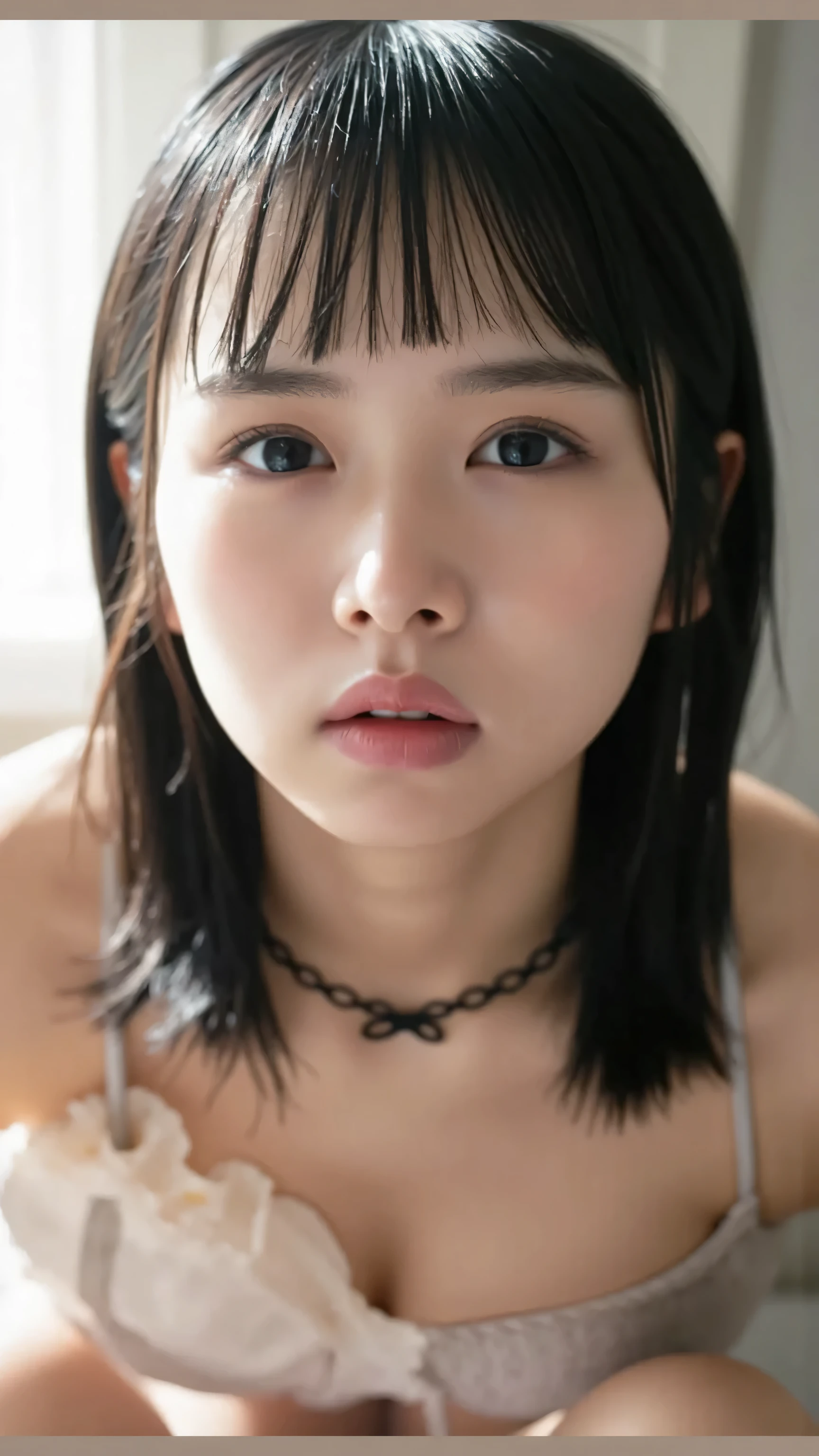 Highest quality,Japanese Idols、Award-winning photo, Very detailed, Edging Orgasm,(Woman with open mouth and closed eyes ), 18-year-old、Glowing Skin, Black choker, realistic nostrils 、ガーターストッキング