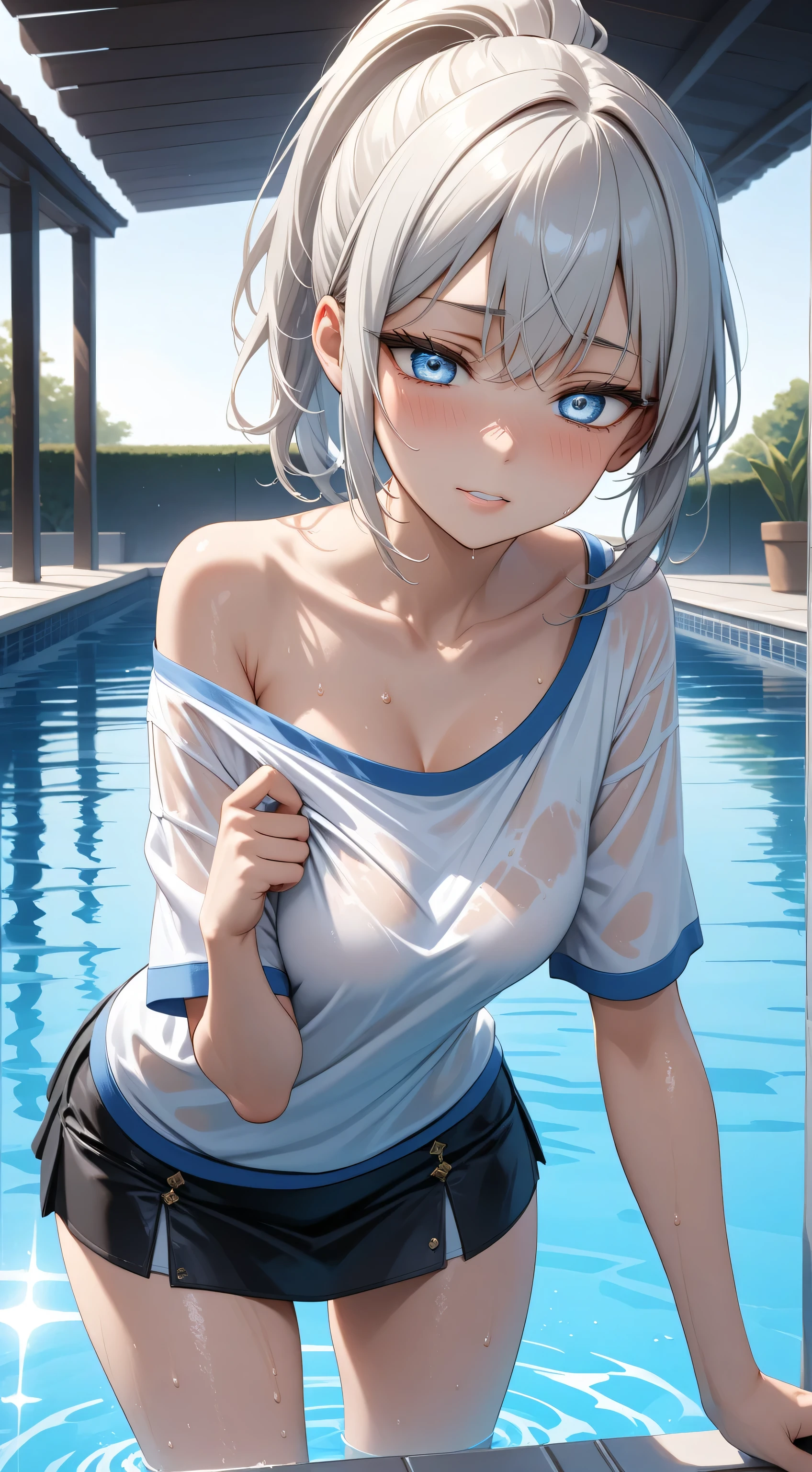 ​masterpiece,Top image quality,hight resolution,imagem 4k,Raw photo,Photorealsitic,{Solo},teens girl,Embarrassment,Silver Short Bob,stare at each other,Wet,Blue eyes,小柄,,Silver fox ears,Fox tail,Bathing in water,boyish,Naked shirt,small tits