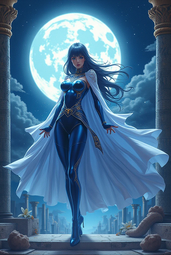 (masterpiece, top quality, best quality, official art, beautiful and aesthetic:1.2), (1girl:1.3), dark blue hair in braid, extremely detailed, portrait, looking at viewer, solo, (full body:0.6), detailed background, close up, (cool science fiction space theme:1.1), ((((blue skin, colored skin)))), extremely busty sorceress, charlatan, mysterious, casting spells in space, four arms, revealing white robes, revealing white dress, crossed straps, fingerless gloves, long gloves, glowing magical energy, blindfold, elaborate headdress, golden ceremonial horns, sheer white fabric, elegant robes, skirts, streamers, cowl, cape, sandals, bracers, ((((four arms, gigantic breasts, cleavage, skindentation)))), slim waist, slim hips, long legs, athletic, SPACE, futuristic moon, (space exterior:1.1) background, dark mysterious lighting, shadows, magical atmosphere, dutch angle
