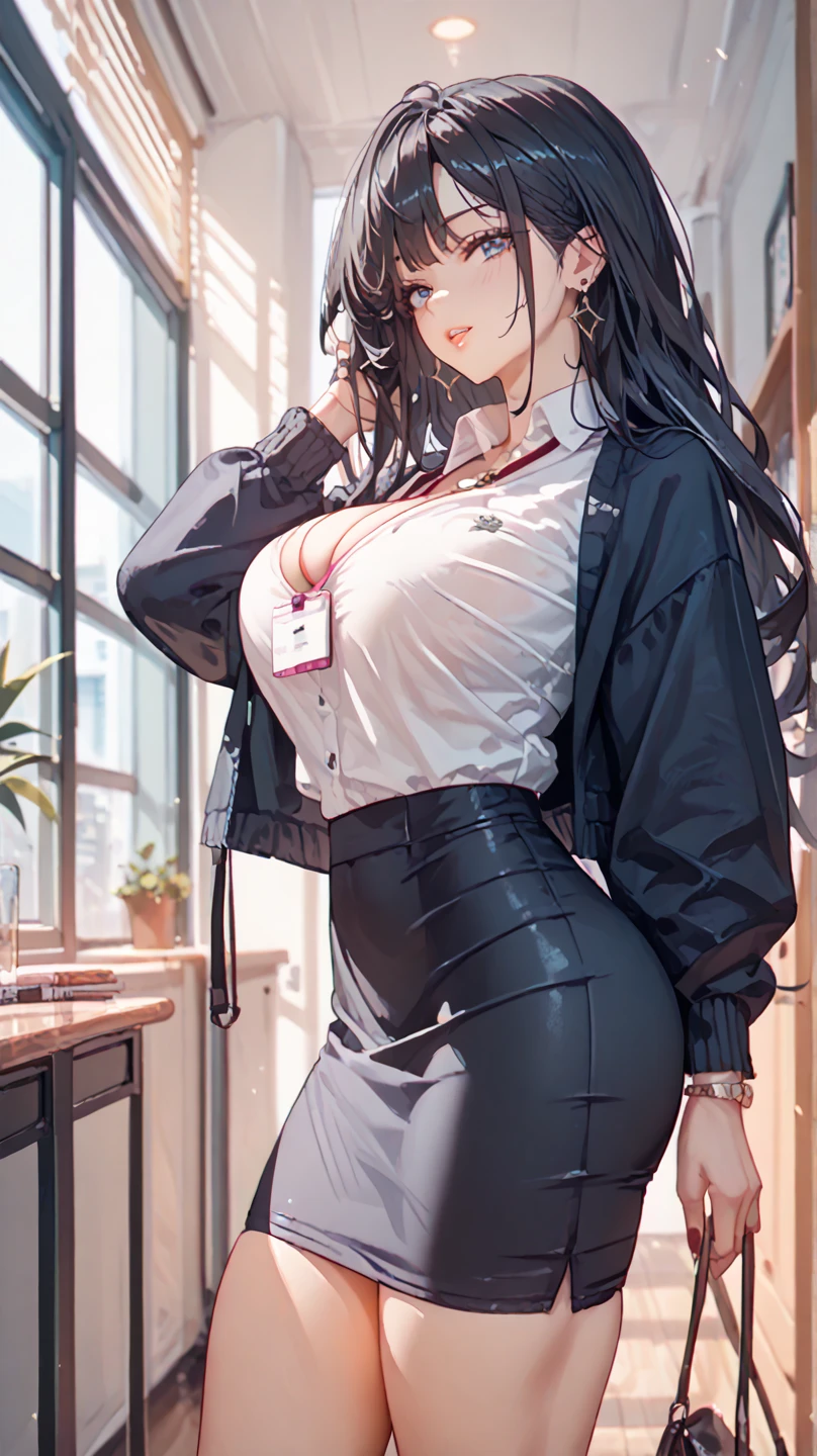 pale skin ((1 girl)) ((((muscular)))), ((huge tits)) ((thick thighs)) ((wide hips)) ((toned body)) ((curvy)) (thick thighs)) (pale skin) black hair very long hair yellow eyes angry (long sleeve white shirt pantyhose pencil skirt)